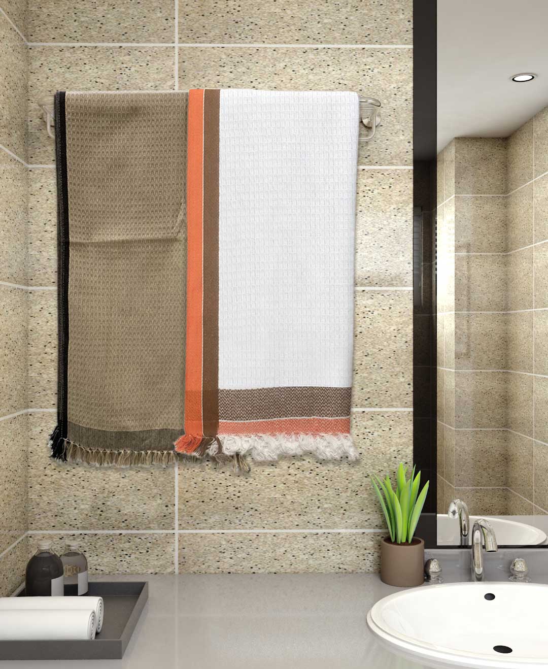 Dark brown & white cotton bath towel 