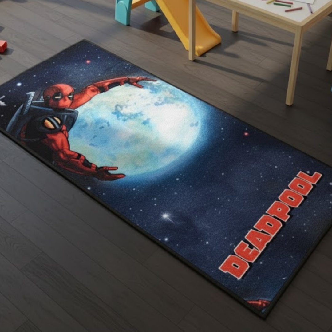 Deadpool themed runner carpet by Athom Living, designed with bold red and black details, perfect for adding a heroic touch to your hallway décor. Stylish and durable runner carpet for home interiors.