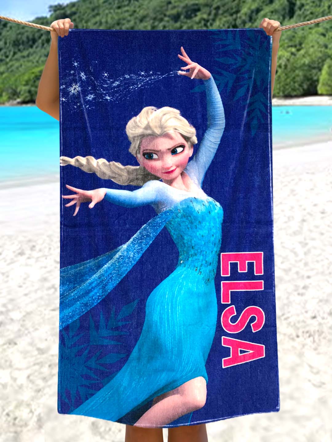Disney Blue Elsa Frozen Kids Cotton Bath Towel 350 GSM 60x120 cm, soft and absorbent bath towel perfect for children, featuring vibrant Elsa design for a fun bath time experience.