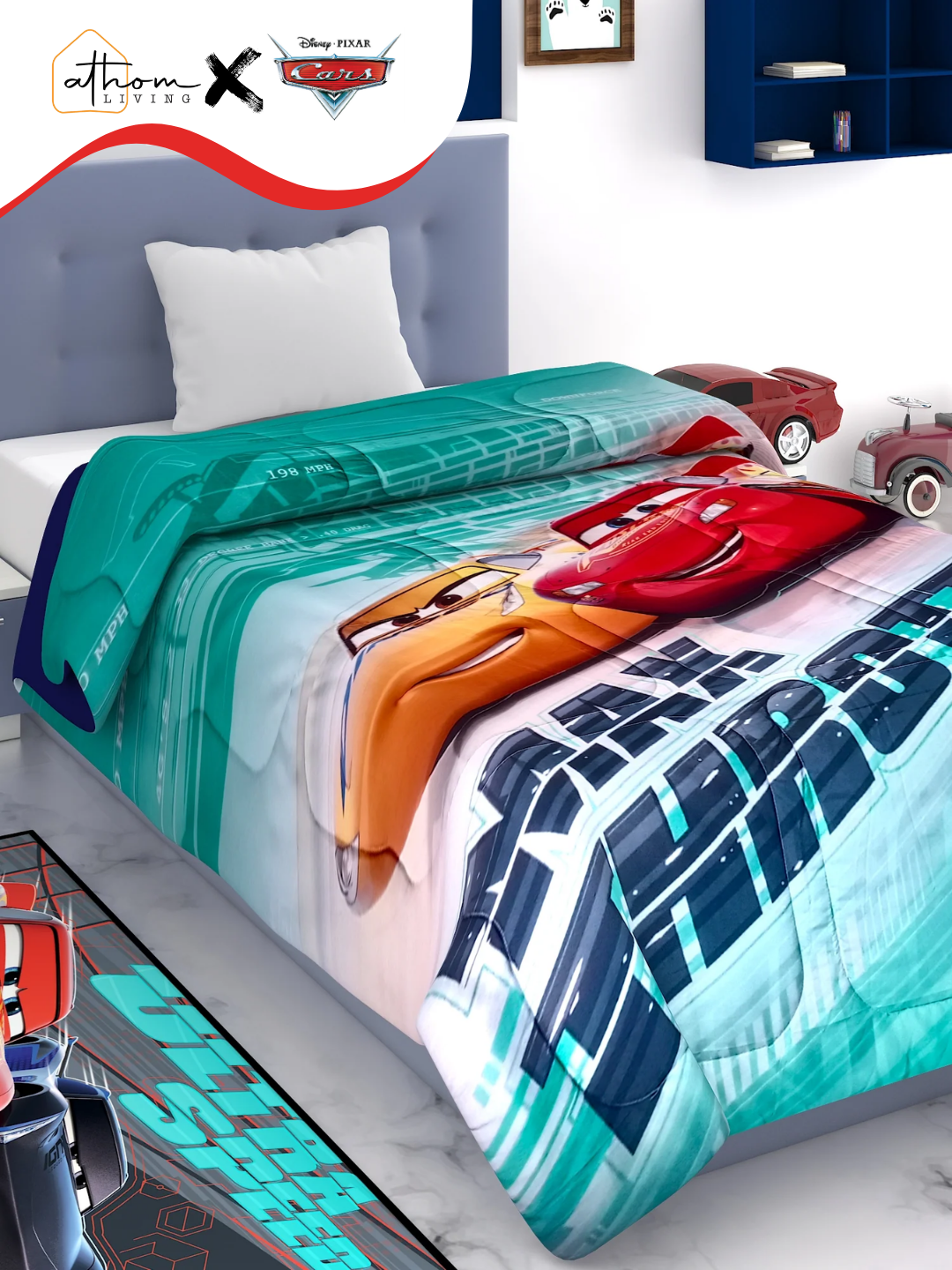 Disney Car Kids Comforter – Single, 360 GSM Poly-fill, High-resolution print, 135x220 cm, soft and cozy kids comforter by Athom Living