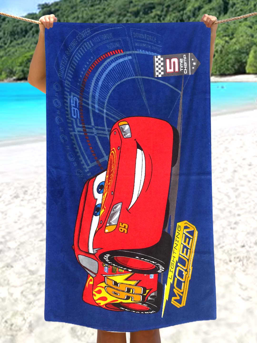 Disney Cars McQueen Kids Cotton Bath Towel 350 GSM 60x120 cm by Athom Living featuring bold Lightning McQueen graphics, soft cotton feel, and high absorbency, perfect for themed sets like Comforter & Bath Towel collections.