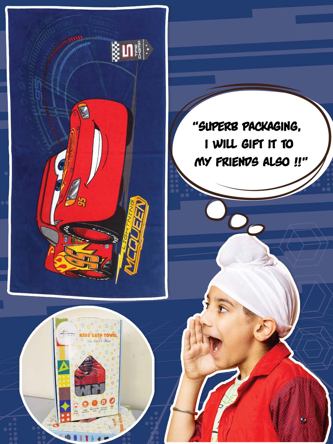 Disney Cars McQueen Kids Cotton Bath Towel 350 GSM 60x120 cm by Athom Living offering a soft touch and bright design, making it a perfect match for themed Comforter & Bath Towel sets in kids’ bedrooms.
