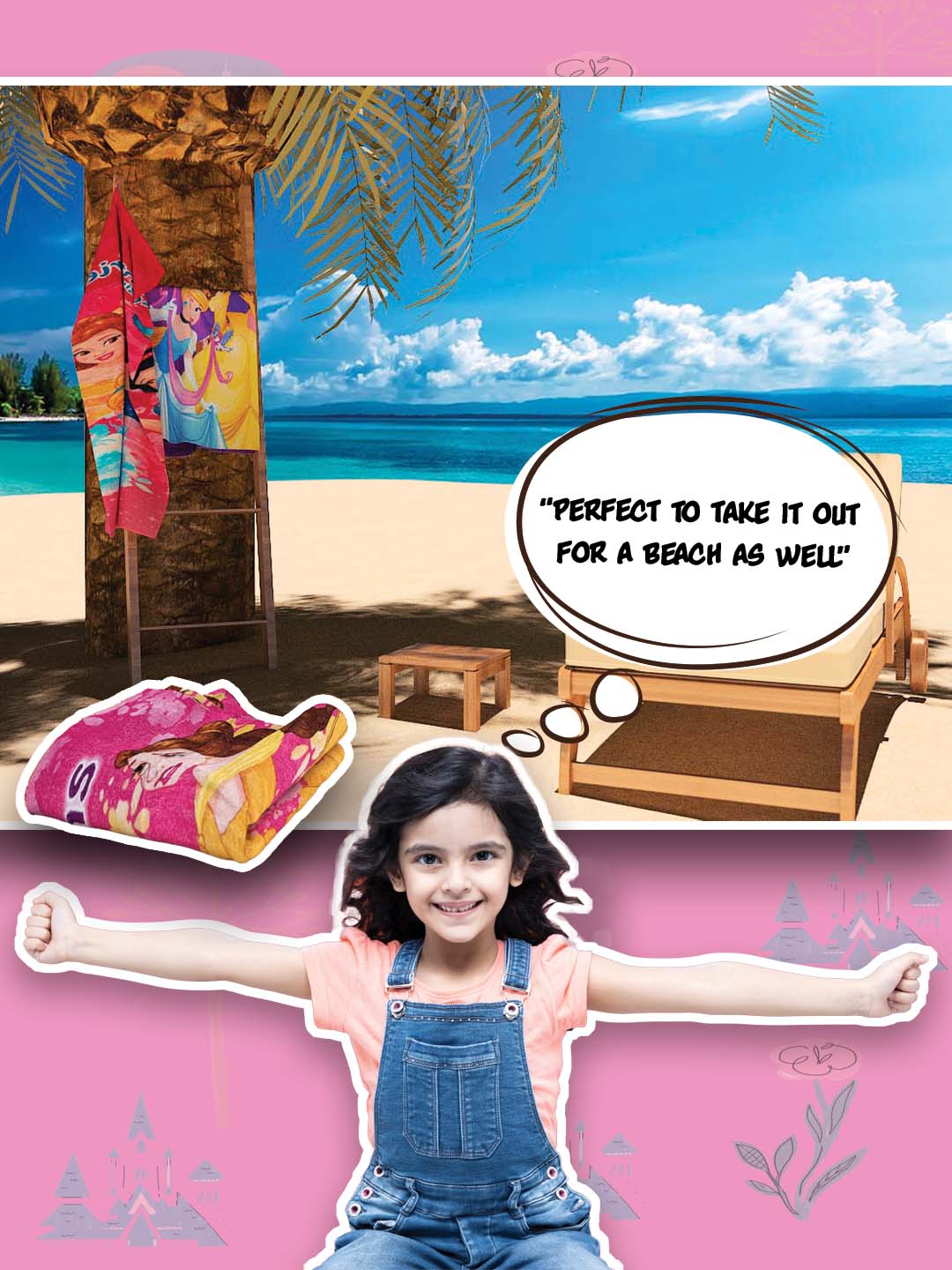 Disney Discover Your Dreams Princess kids bath towel made of 350 GSM premium cotton, 60x120 cm, soft, skin-friendly, quick-drying and easy to wash.