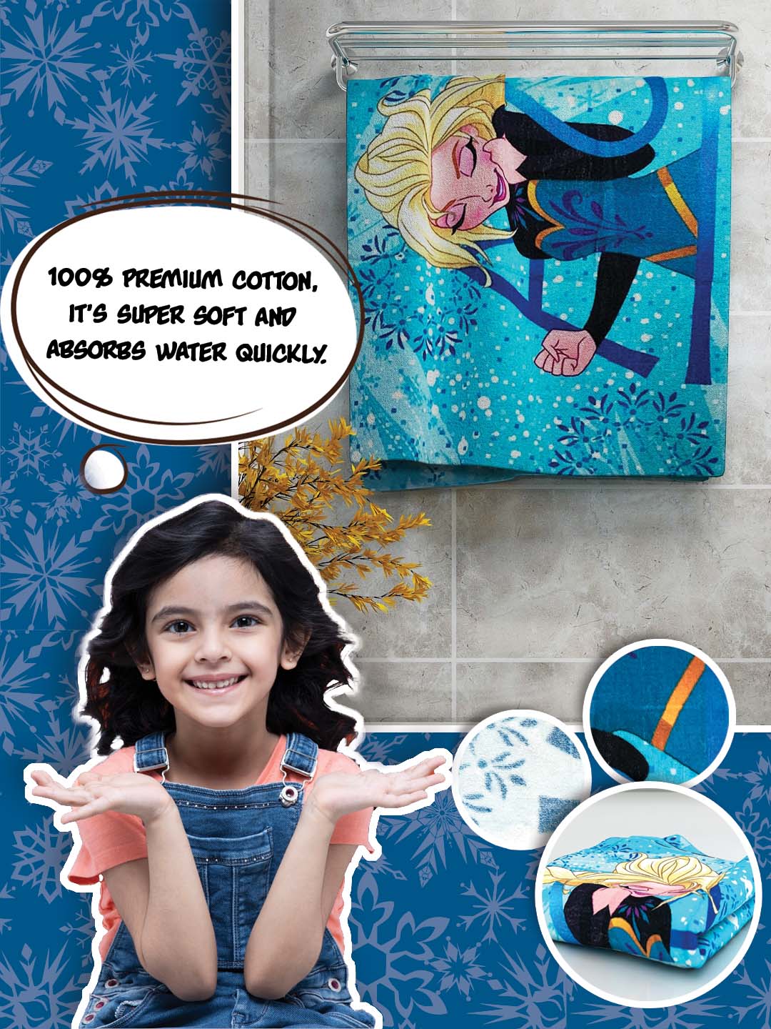 Disney Frozen Elsa Blue Cotton Bath Towel 60x120 cm for kids – lightweight, quick-dry towel with 350 GSM absorbency by Athom Living.
