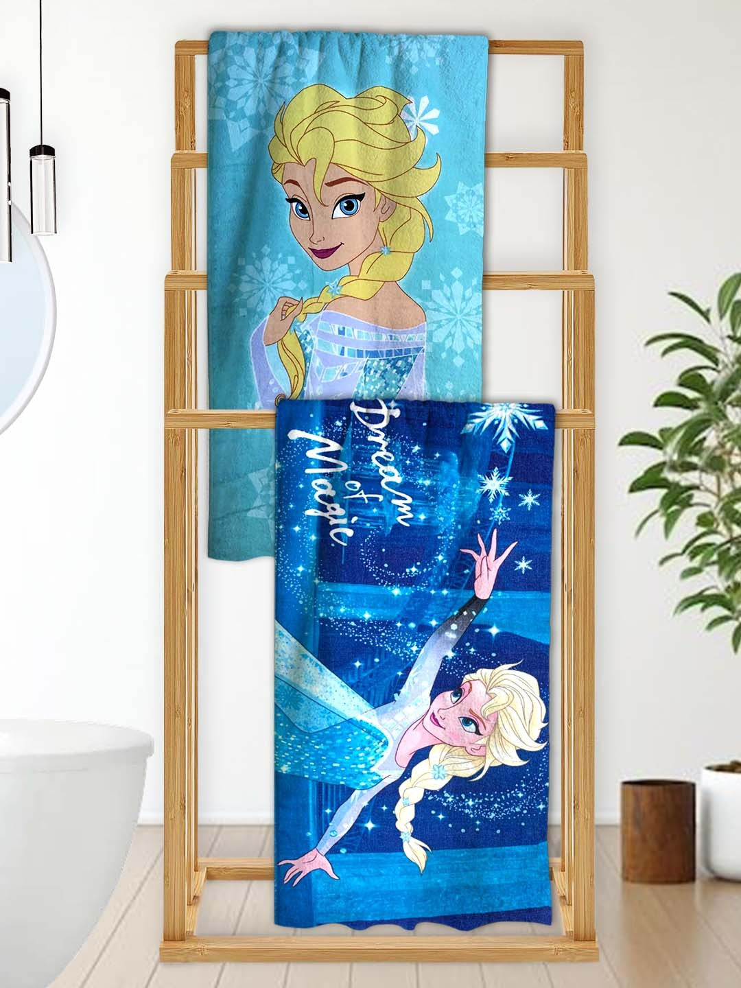 Disney Frozen Elsa Dream Of Magic Kids Bath Towel combo pack of 2 by Athom Living featuring soft cotton fabric, vibrant Elsa prints, perfect for kids daily bath time, beach use, swimming and gentle on sensitive skin.