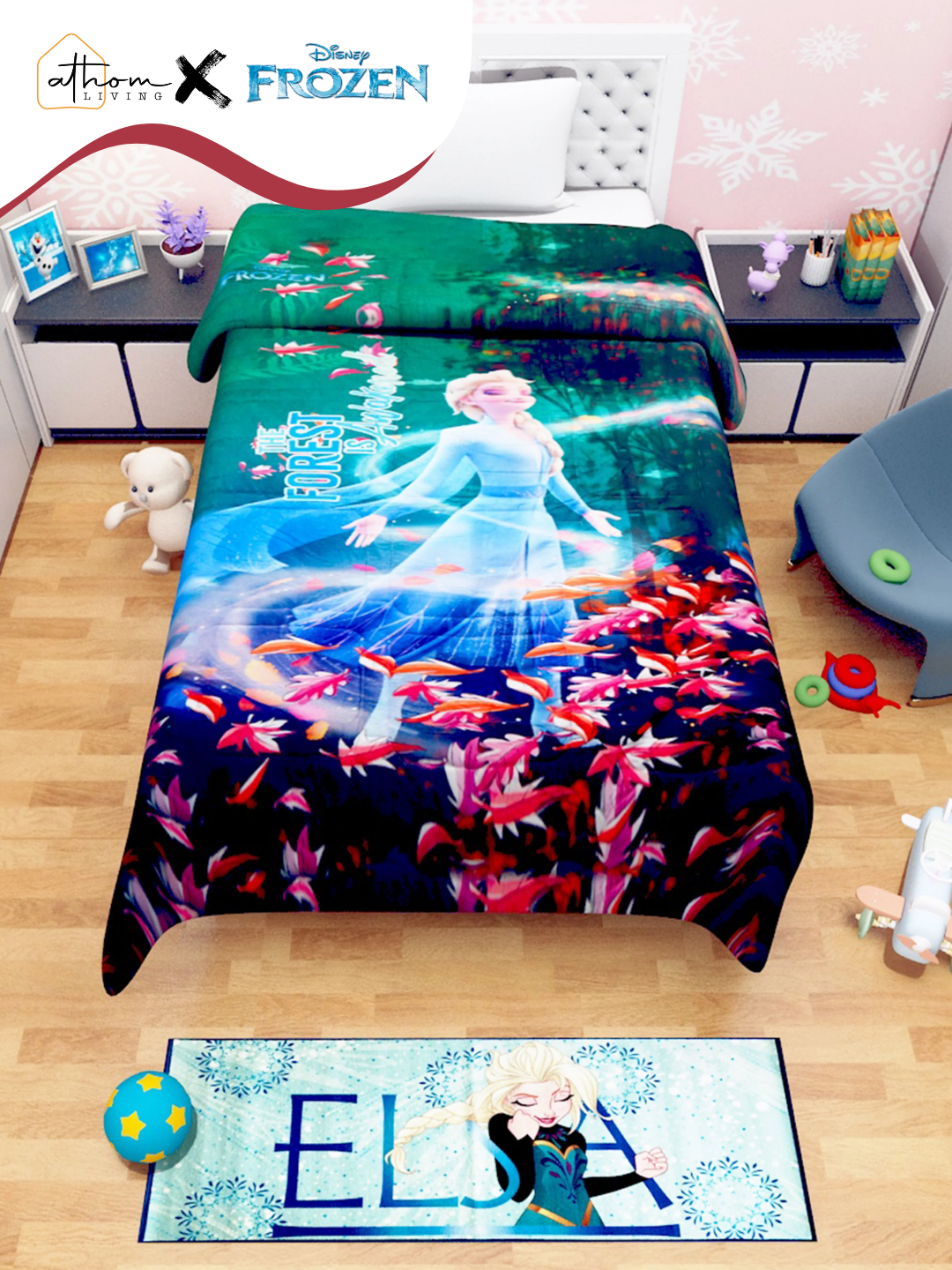 Disney Frozen "Forest Is Awakened" kids comforter – single size, soft and cozy bedding for children, perfect for dreamy nights and themed kids bedrooms.