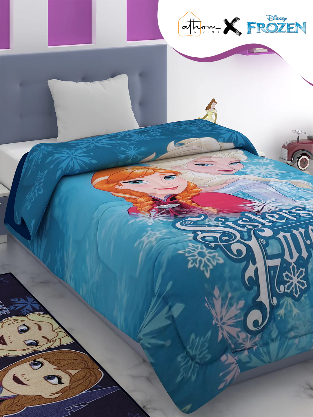 Disney Frozen Kids Comforter – Single, 135x220 cm, 360GSM Poly-fill, vibrant Sisters Forever design. Perfect kids comforter for cozy sleep.