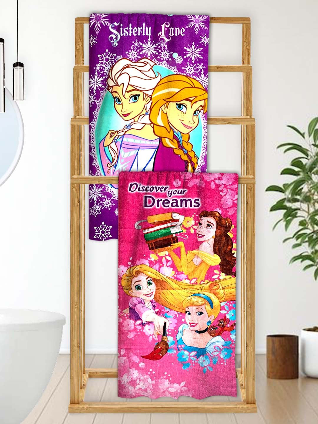 Disney Frozen & Princess Kids Bath Towel combo pack of 2 by Athom Living featuring Elsa and princess prints, made from soft cotton fabric, gentle on kids’ skin, ideal for daily bath time, beach use, and kids bathroom essentials.