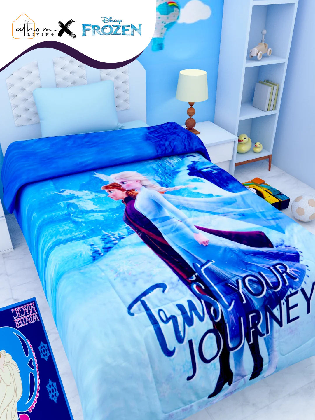 Disney Frozen Sisters kids comforter – Single size, "Trust Your Journey" design by Athom Living, cozy & soft for your child’s bedroom.
