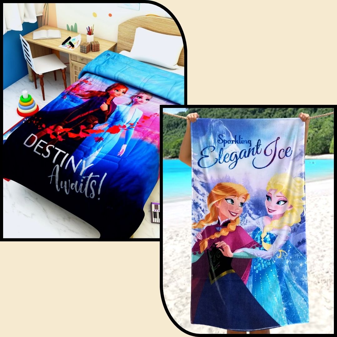 Disney Frozen Sisters themed Comforter & Bath Towel combo set of 2 by Athom Living designed for kids, offering soft fabric, vibrant prints, and daily comfort for bedtime and bath time in one cute Comforter & Bath Towel set.
