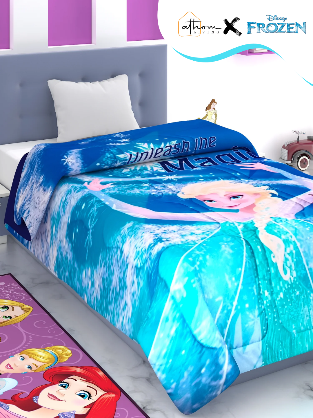 Disney Frozen kids comforter – Single 135x220 cm, 360GSM poly-fill, high-res print, soft & cozy, perfect for magical sleep by Athom Living.