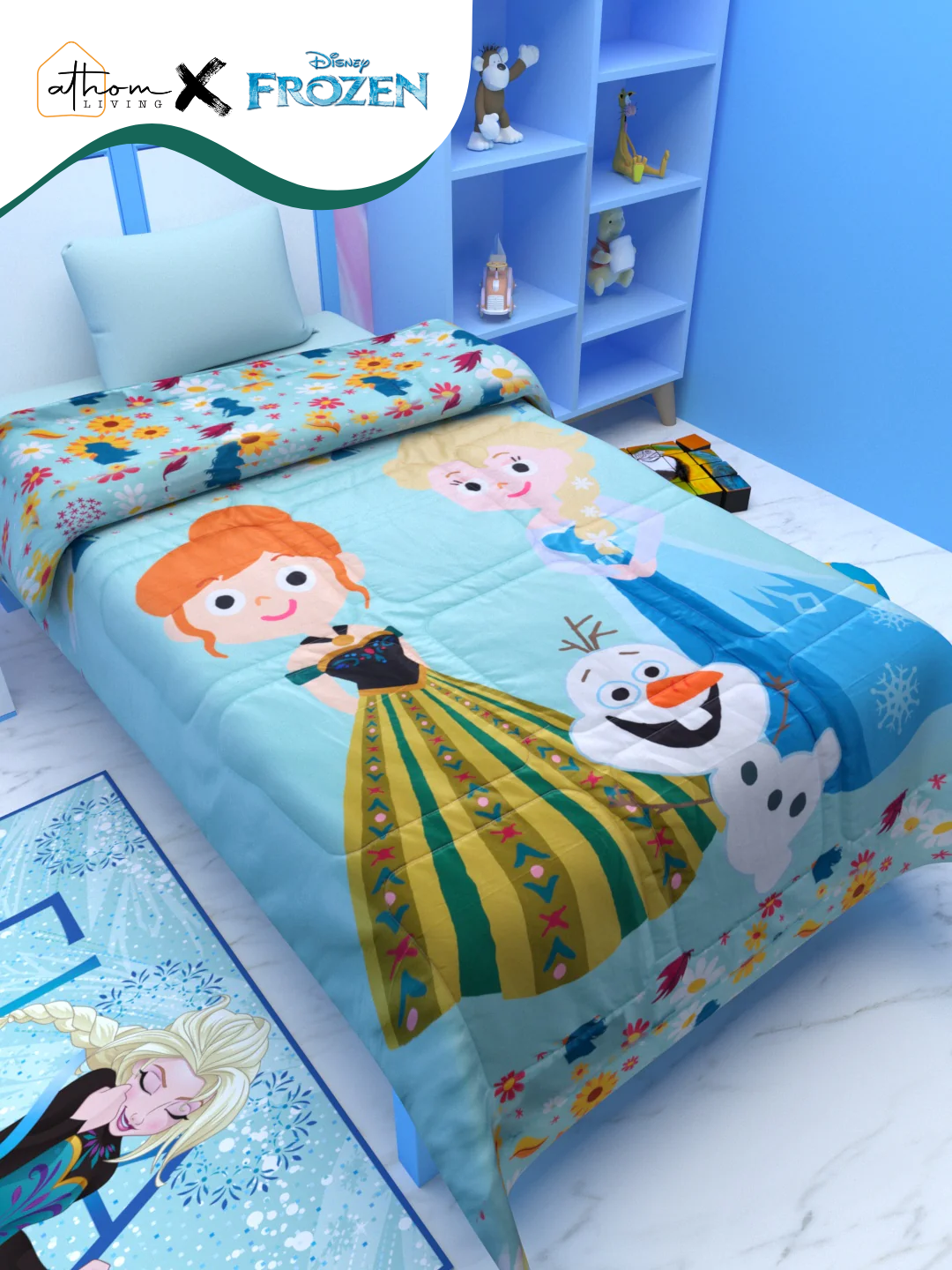 Disney Frozen kids comforter – Single size featuring Frozen sisters and Iceman, soft and cozy sleep by Athom Living.