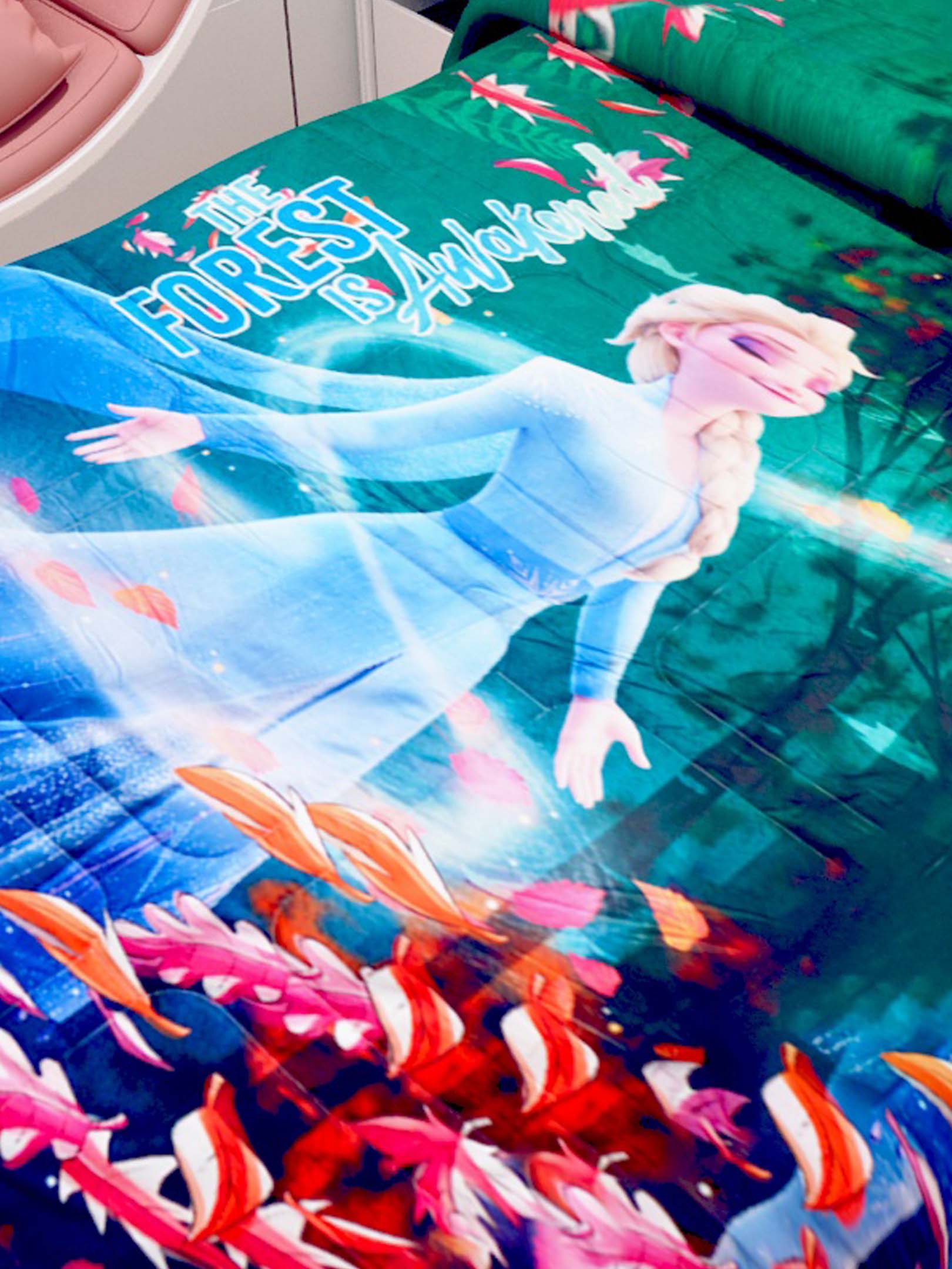 Disney Frozen kids comforter – single size, vibrant "Forest Is Awakened" theme, perfect for gifting, soft filling, and machine washable for easy care.