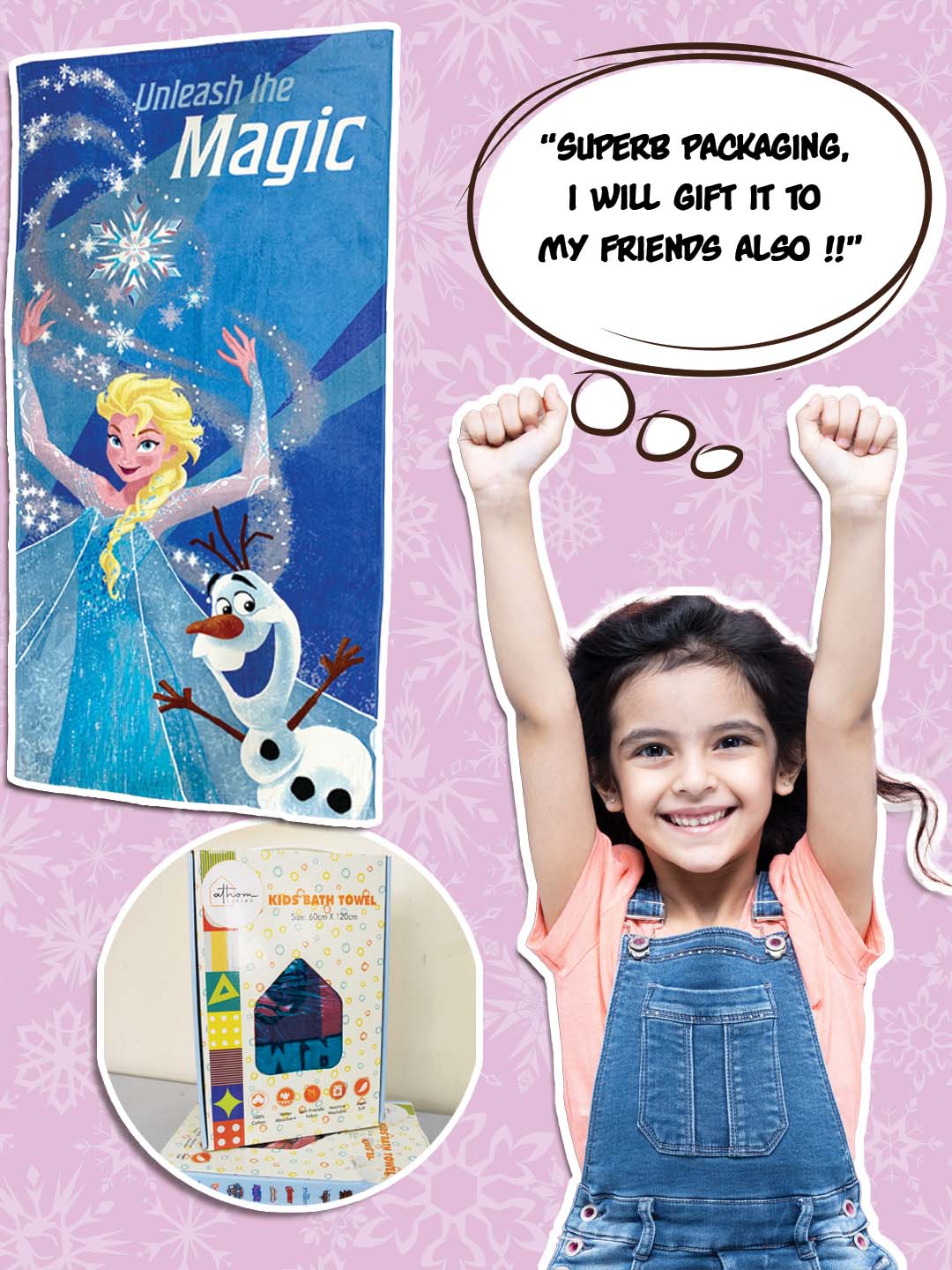 Disney Frozen themed cotton kids bath towel, premium 350 GSM fabric, quick-dry, absorbent, perfect comfort for daily bath routine.