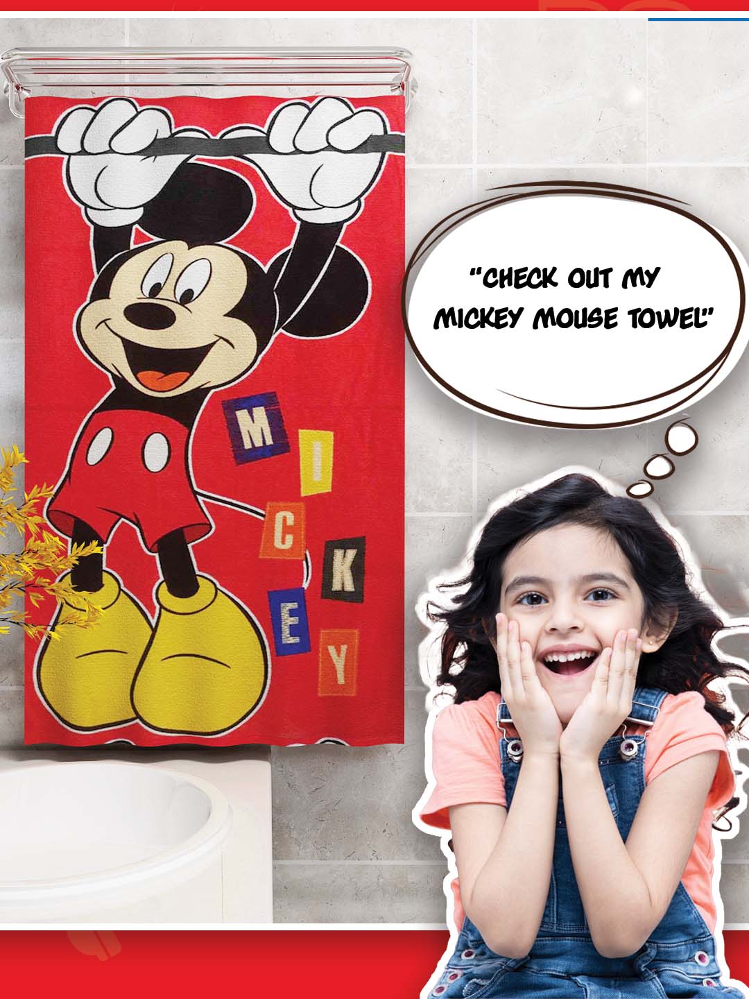 Disney Mickey Mouse kids bath towel in bright red, 100% cotton, 350 GSM, 60x120 cm – soft, durable, and ideal for toddlers and children.