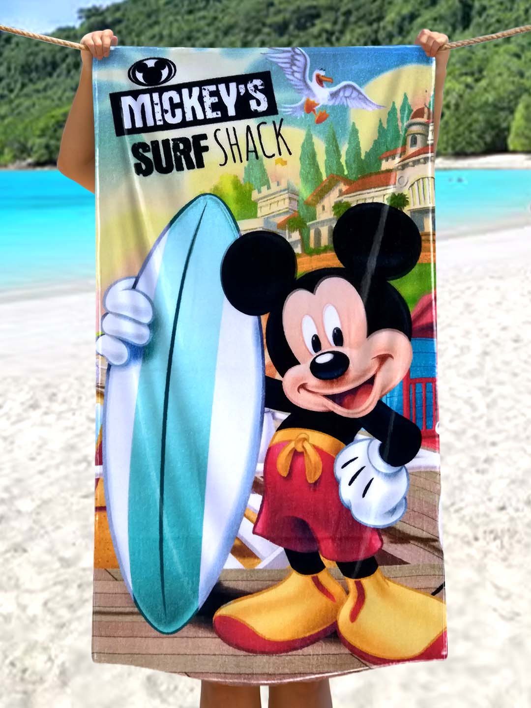 Disney Mickey Mouse kids bath towel made from soft cotton, 350 GSM for extra absorbency, perfect 60x120 cm size for kids, vibrant character print, gentle on skin, ideal for daily use after bath or swimming.
