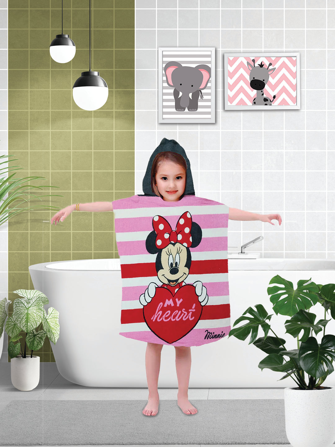 Disney Minnie Heart Kids Hooded Bath Towel Poncho 60x120 cm by Athom Living featuring soft cotton fabric, vibrant Minnie graphics, and quick-dry comfort, ideal Kids Hooded Poncho Towels for daily use.