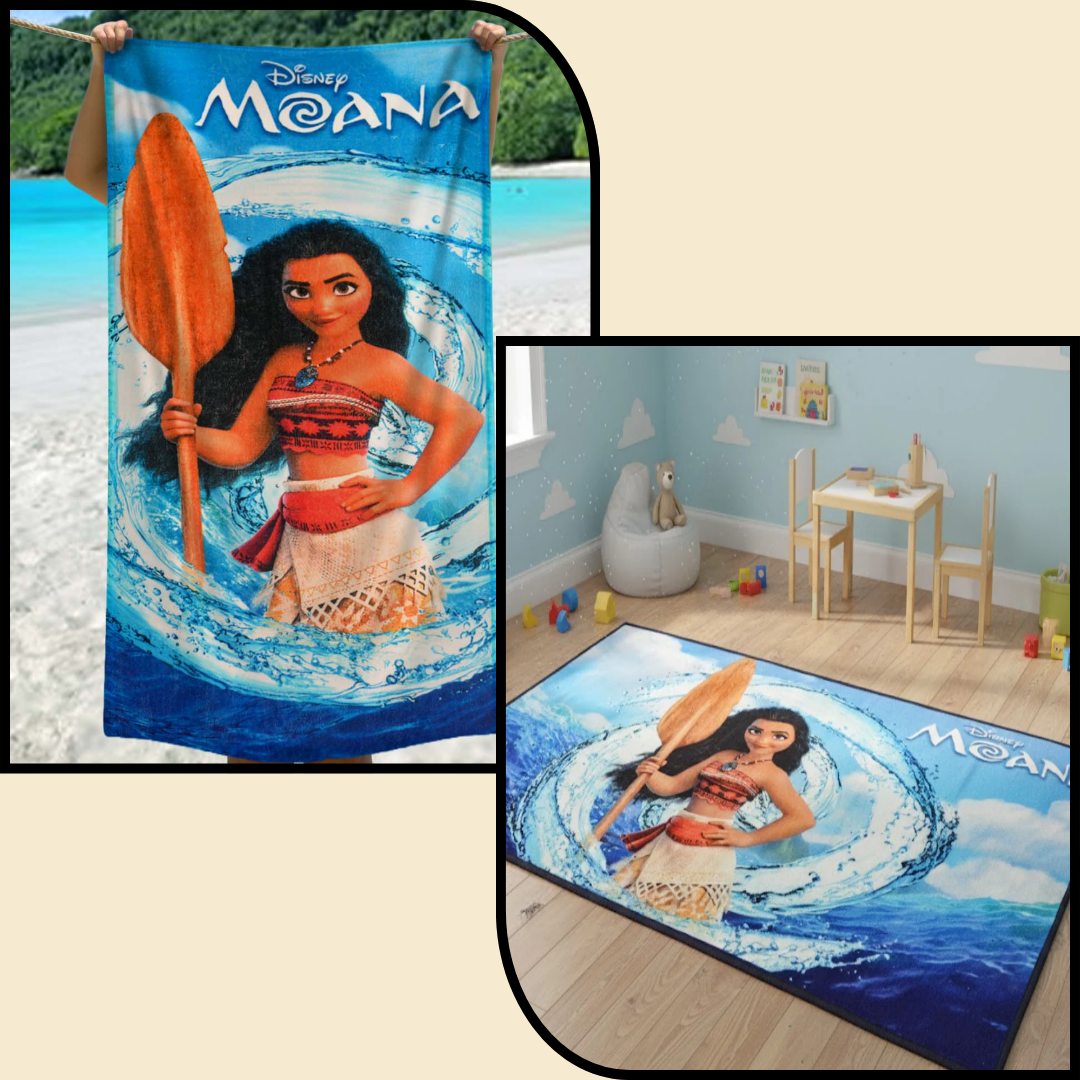 Disney Moana themed kids bath towel and kids carpet combo by Athom Living, featuring vibrant colors, soft fabric, and a fun ocean design perfect for children's rooms and daily use.