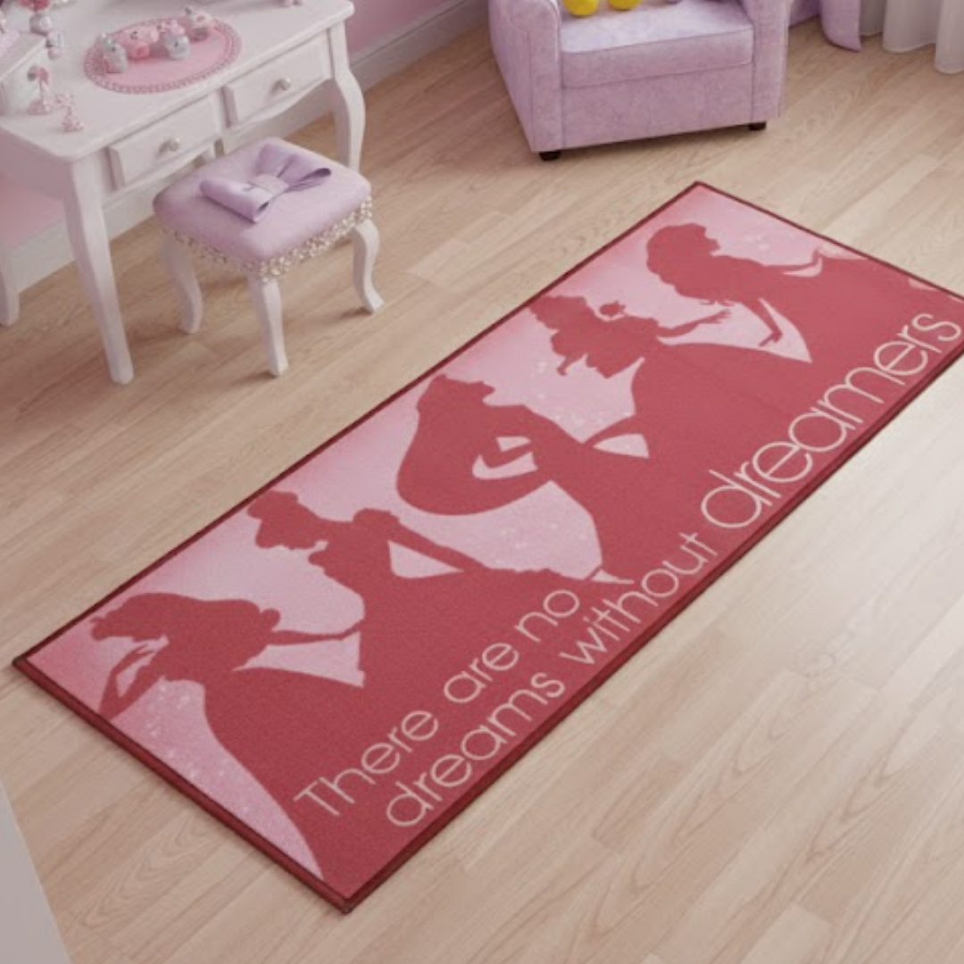 Disney Princess (Dreams) themed runner carpet by Athom Living, featuring soft fabric, vibrant princess graphics and anti-skid backing, perfect runner carpet for kids’ bedrooms, playrooms, and hallways.