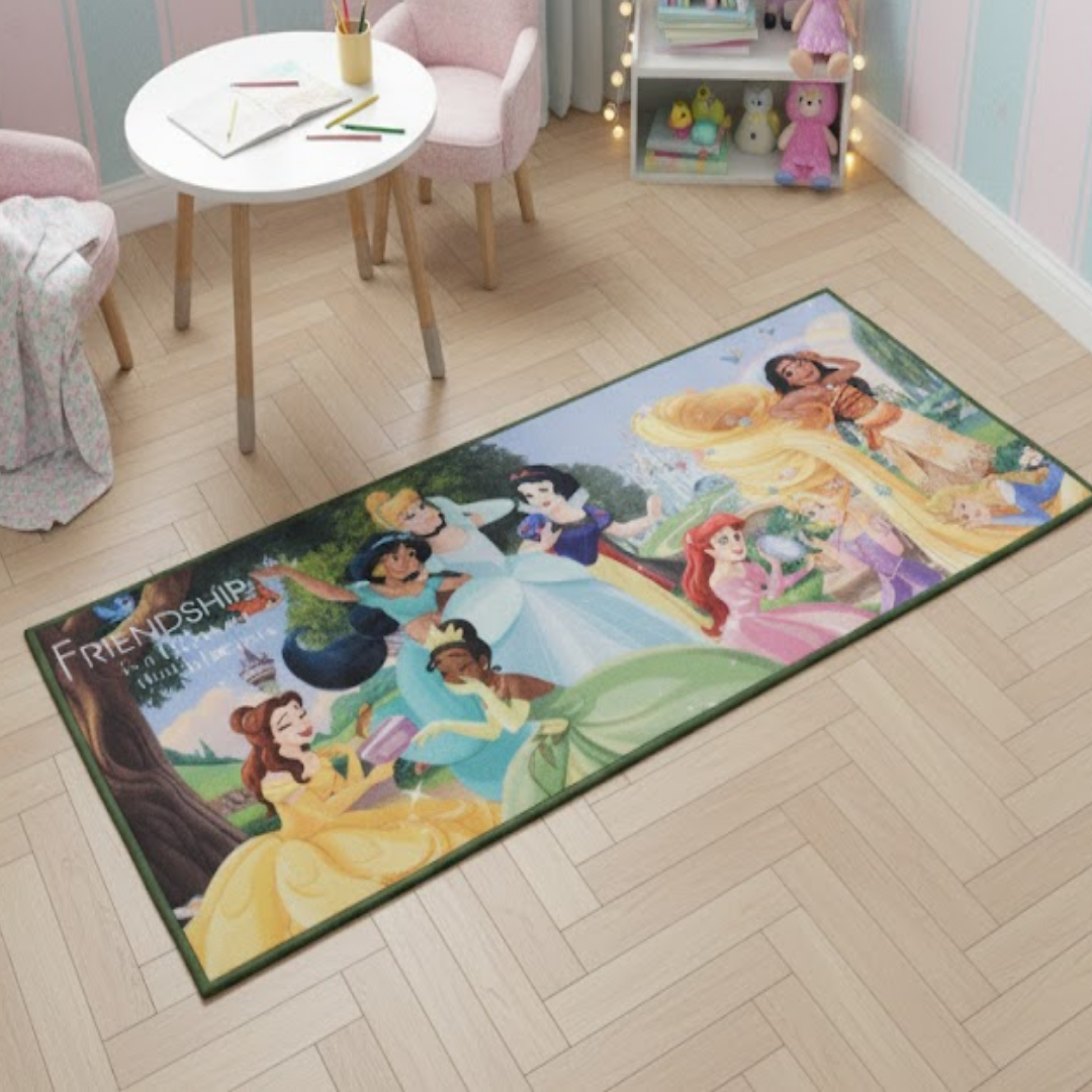 Disney Princess Friends themed runner carpet by Athom Living, featuring soft fabric, vibrant princess prints and anti-skid backing, perfect runner carpet for kids’ bedrooms, play areas and home décor.
