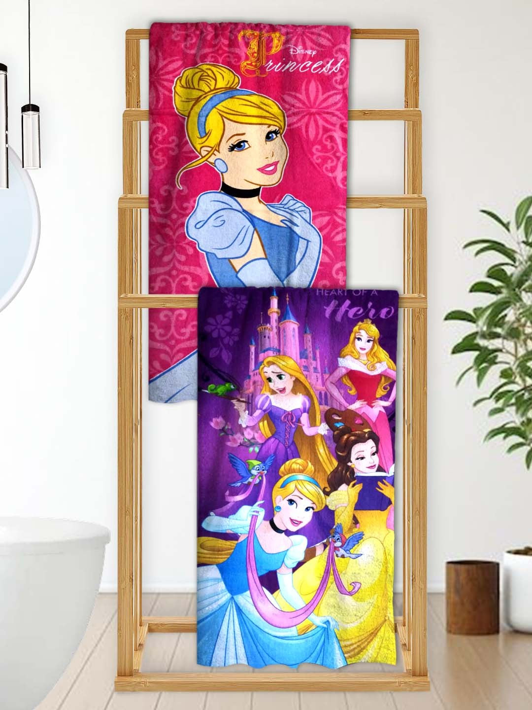 Disney Princess Heart Of A Hero Kids Cotton Bath Towel combo pack by Athom Living featuring colorful princess prints, soft absorbent cotton fabric, gentle on kids skin, ideal for bath time, pool use and daily comfort.