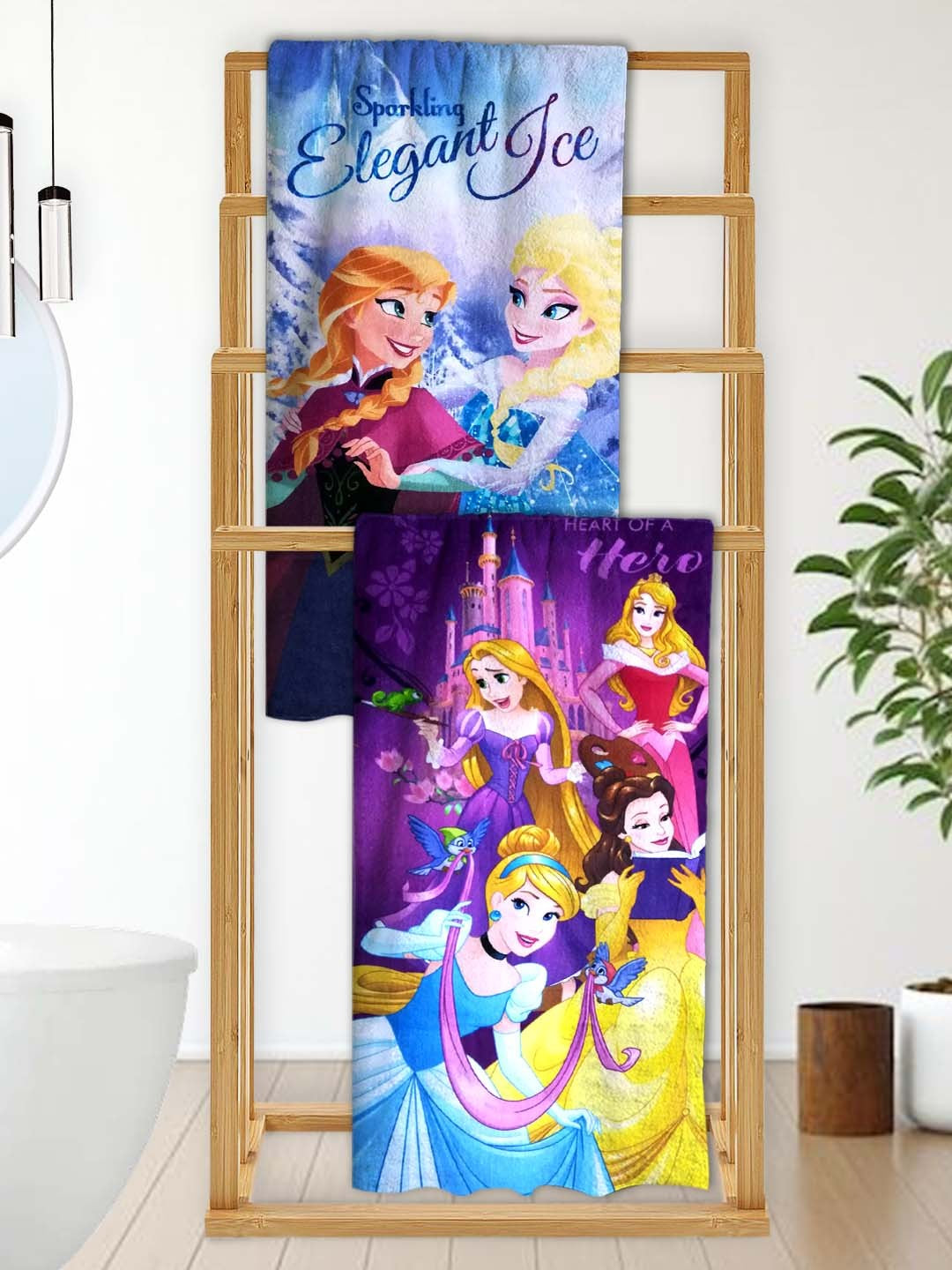 Disney Princess "Sparkling Elegant Ice" Kids Cotton Bath Towel combo-pack of 2 by Athom Living, soft, absorbent, medium size 60x120 cm, perfect for children’s bath time fun and comfort.