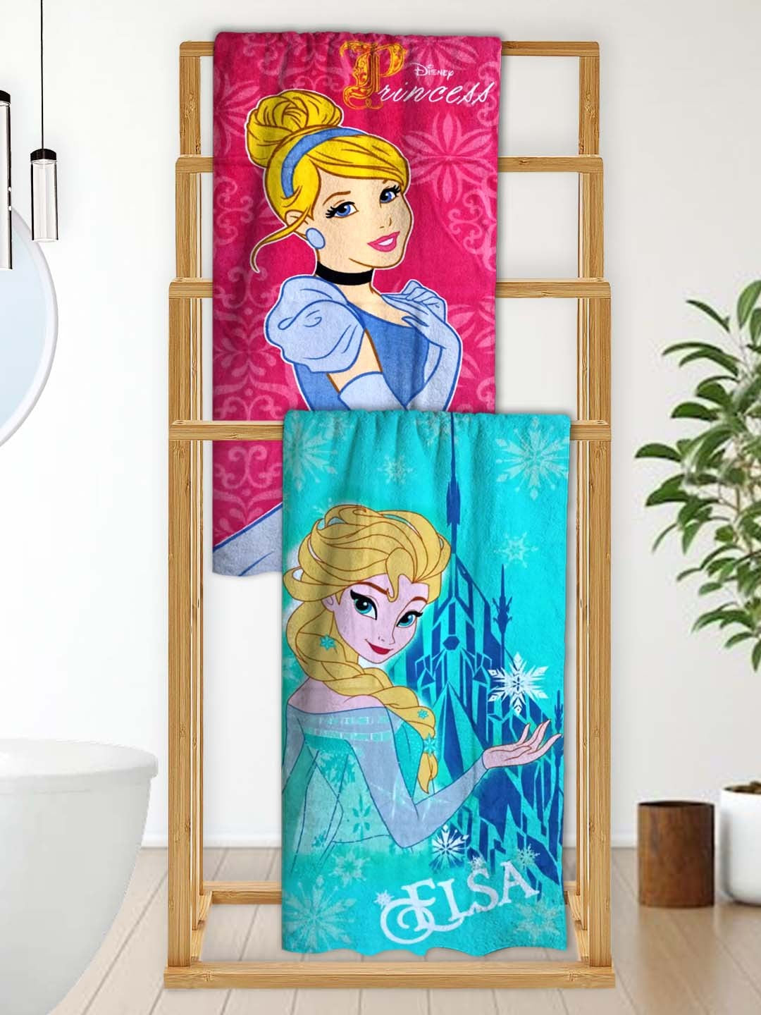Disney Princess and Frozen Elsa Kids Bath Towel combo pack by Athom Living, made from soft cotton for kids, featuring colorful princess prints, gentle on skin, quick absorbent, ideal for bath time, beach use, and daily comfort at home