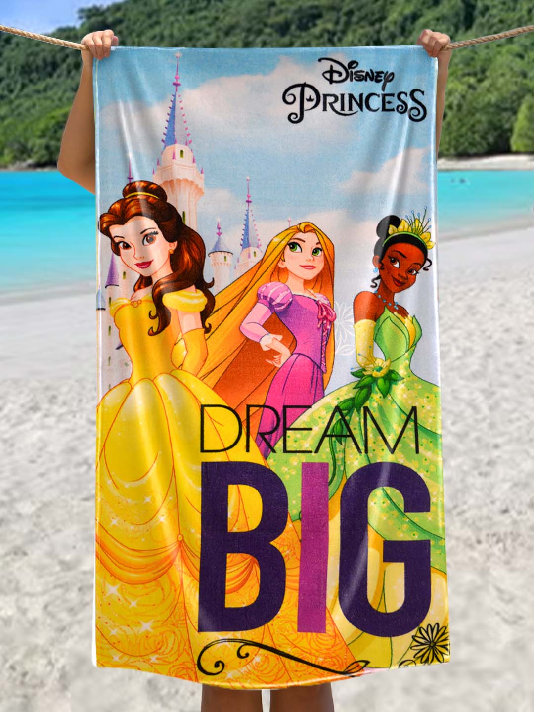 Disney Princess kids bath towel by Athom Living in 60x120 cm size, featuring vibrant princess prints, soft cotton fabric and high absorbency, perfect for daily use and gifting, premium quality bath towel.