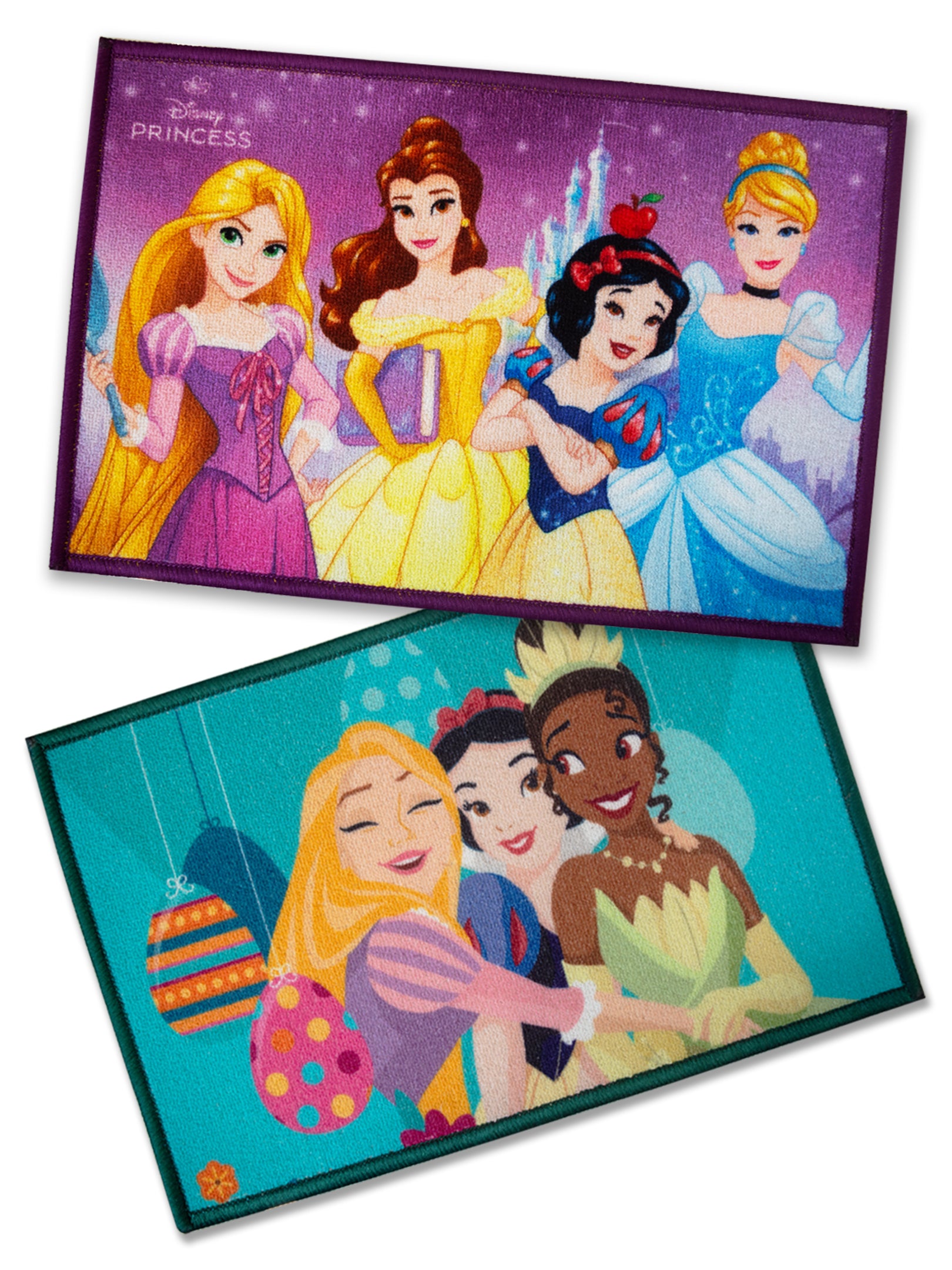 Disney Princess printed kids doormat by Athom Living, durable multicolor nylon, anti-slip latex backing, 37x57 cm, pack of 2 for home décor.