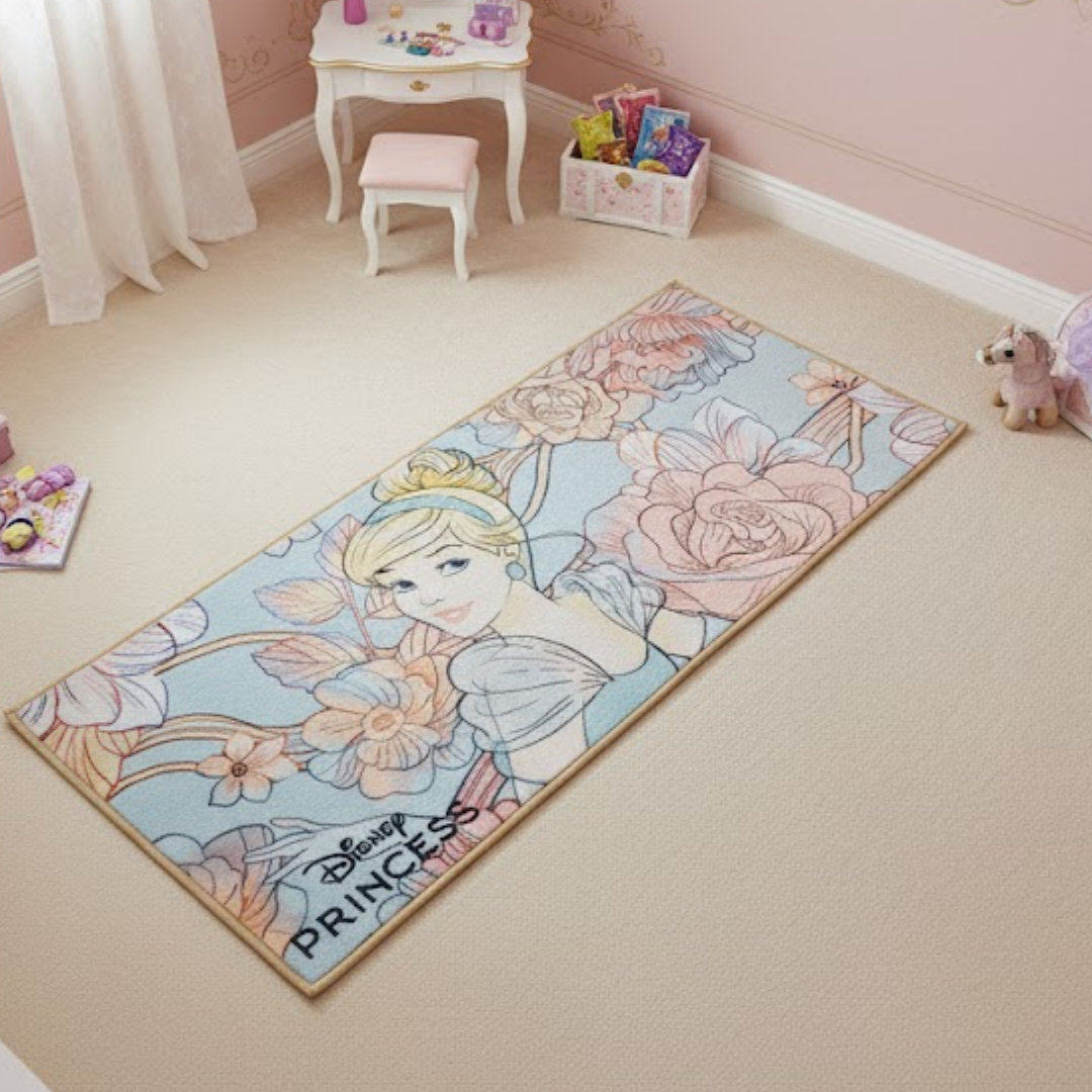 Disney Princess theme runner carpet by Athom Living, designed with soft fabric, vibrant princess graphics and anti-skid backing, making this runner carpet perfect for kids' bedrooms, hallways and play spaces.