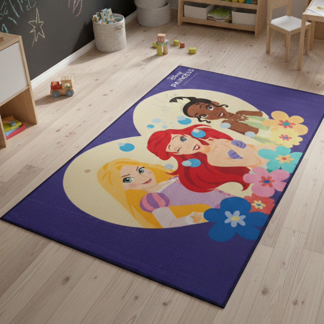 Disney Princess themed carpet by Athom Living, featuring soft plush fabric, vibrant princess prints, and durable backing, perfect carpet for kids’ bedrooms, playrooms, and hallways with charm.