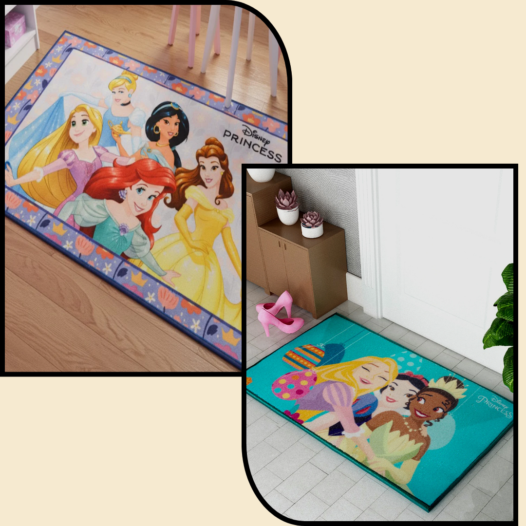 Disney Princess themed carpet & doormat combo set of 2 by Athom Living featuring bright princess prints, soft fabric and safe grip backing, ideal anti skid carpet & doormat combo for kids bedrooms and play areas