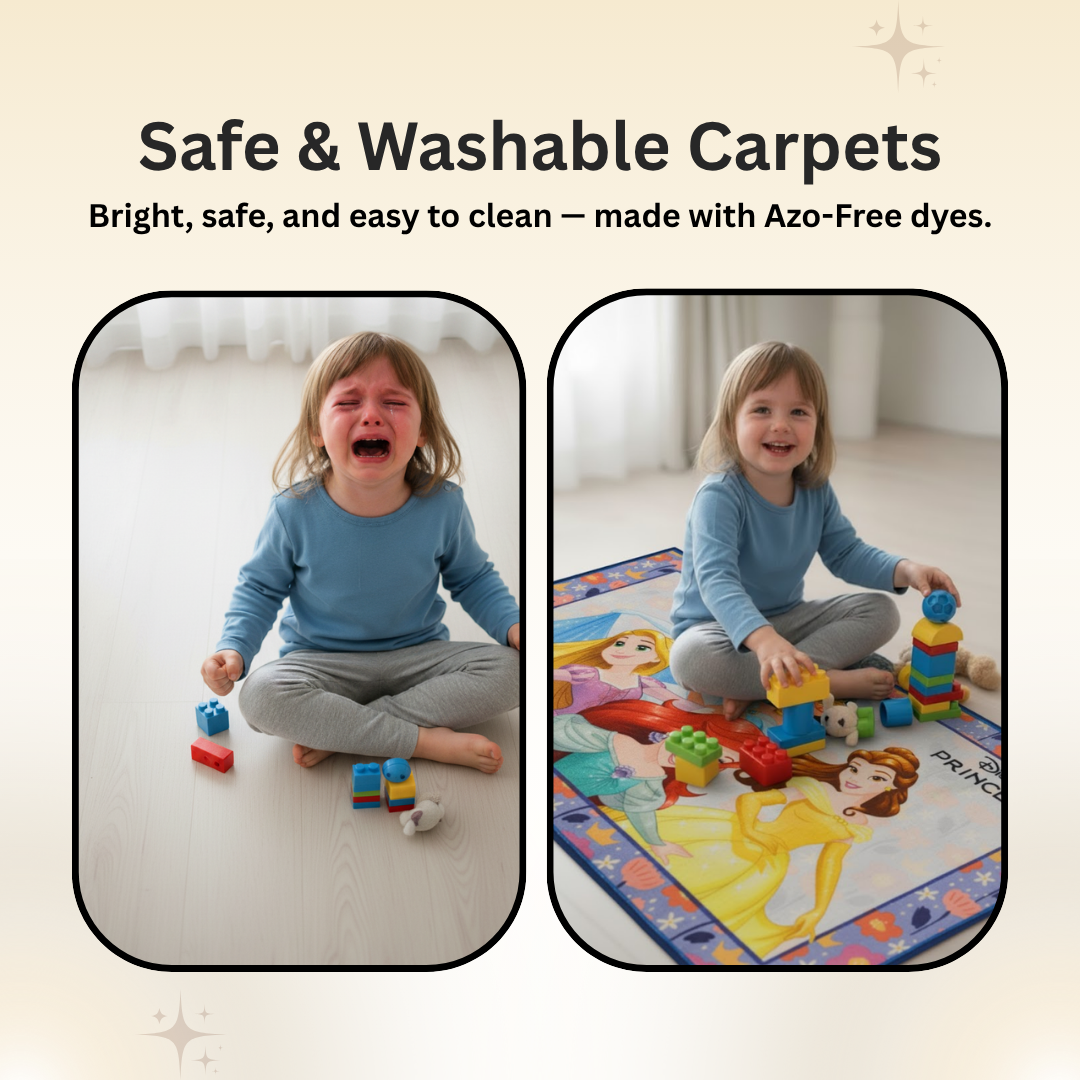 Disney Princess themed carpet with soft textures and vivid colors, perfect for children. The 90x150 cm carpet by Athom Living transforms play areas into magical spaces.