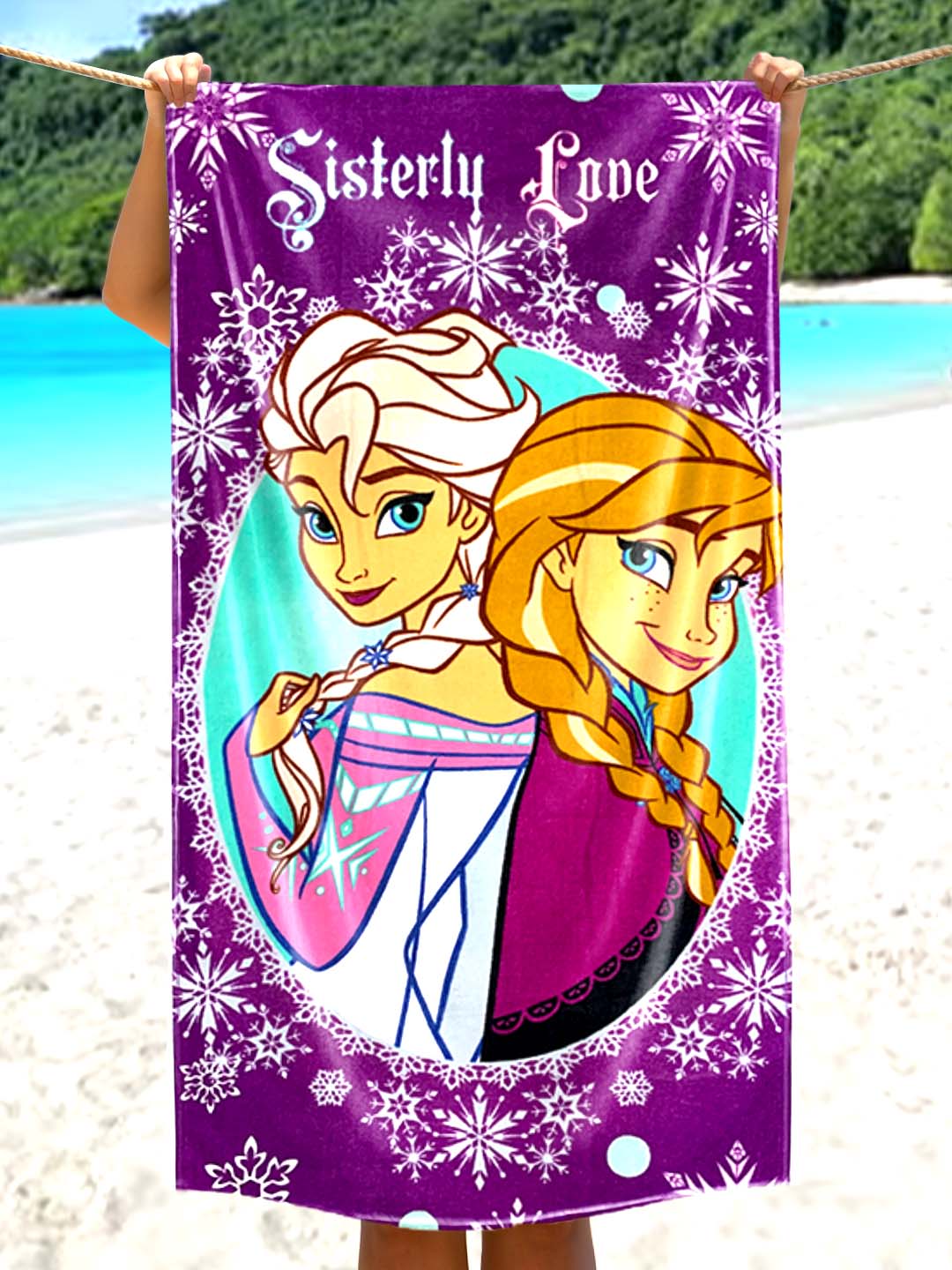 Disney Sisterly Love Frozen kids bath towel made from soft cotton, 350 GSM, perfect for gentle drying and everyday comfort for kids, featuring Elsa and Anna in a vibrant 60x120 cm design.