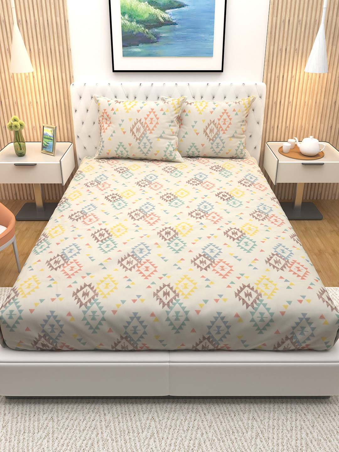 Dreamy cream triangle print double bedsheet by Athom Living featuring soft fabric and matching pillow covers, ideal for modern bedrooms. This stylish bedsheet adds comfort, elegance and a premium touch to home décor.
