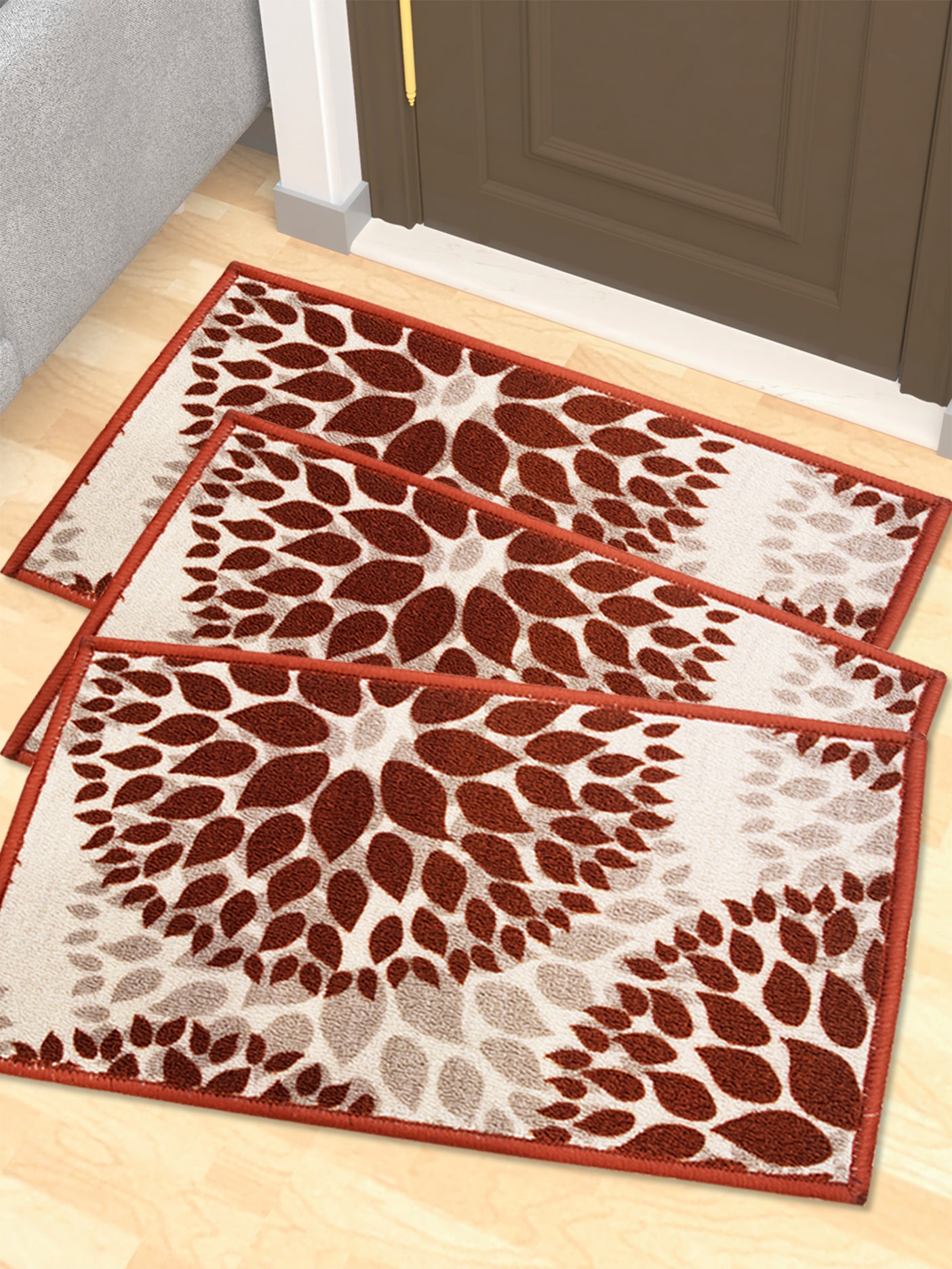 "Drop Beige Premium Anti Slip Printed Doormat Pack of 3 by Athom Living featuring durable material, elegant design and strong grip backing for everyday home use, perfect for enhancing entryway décor with stylish doormat."