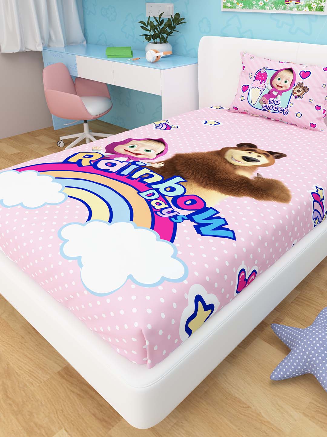 Durable and cozy Rainbow Days Masha and The Bear kids single bedsheet with 1 pillow cover by Athom Living, ideal for a cheerful bedroom that your kids will love.