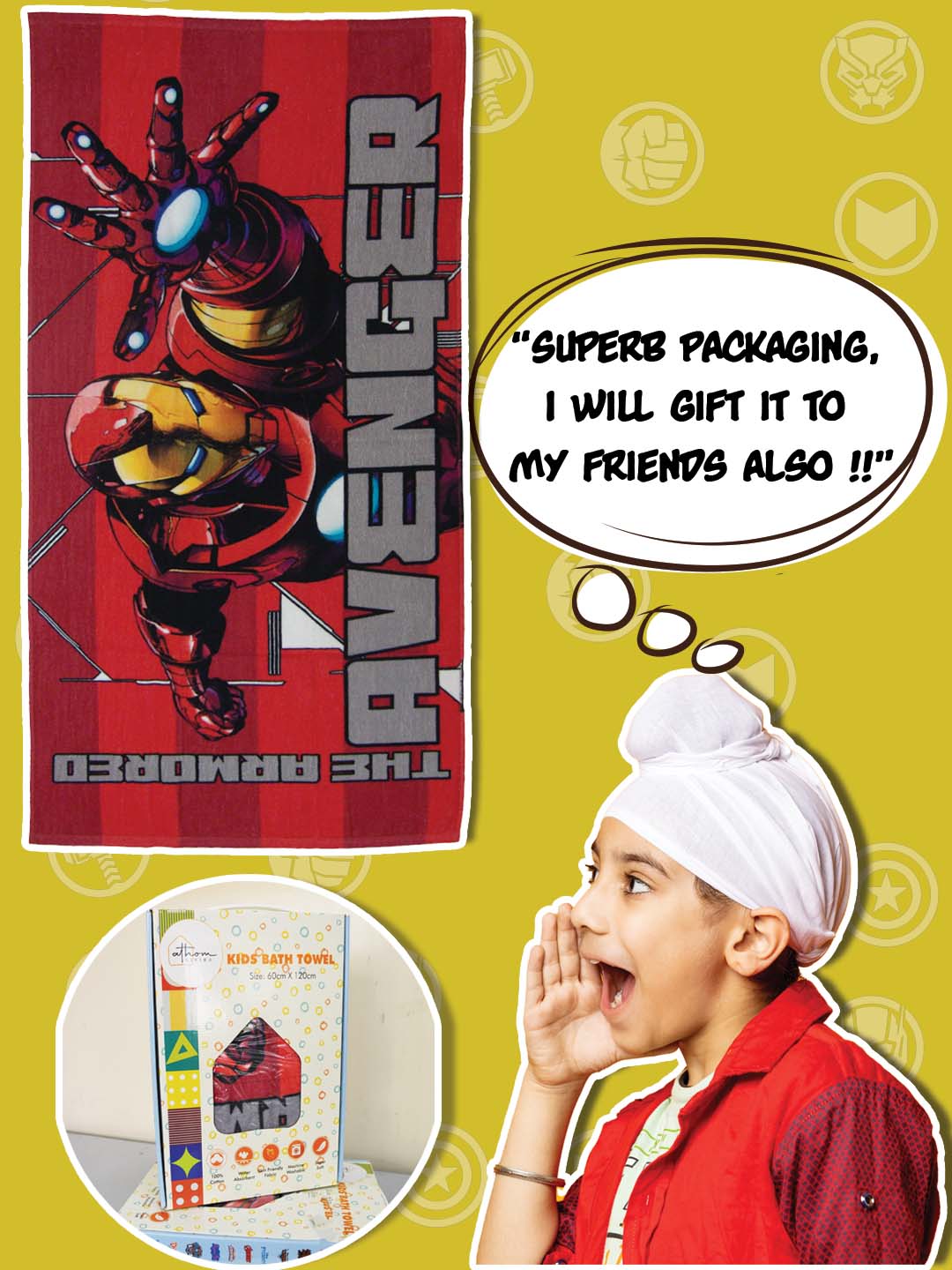 Durable and soft Marvel Red Avengers kids bath towel, 350 GSM cotton, 60x120 cm, perfect for superhero-loving children, ensuring cozy bath times and long-lasting comfort and quality.