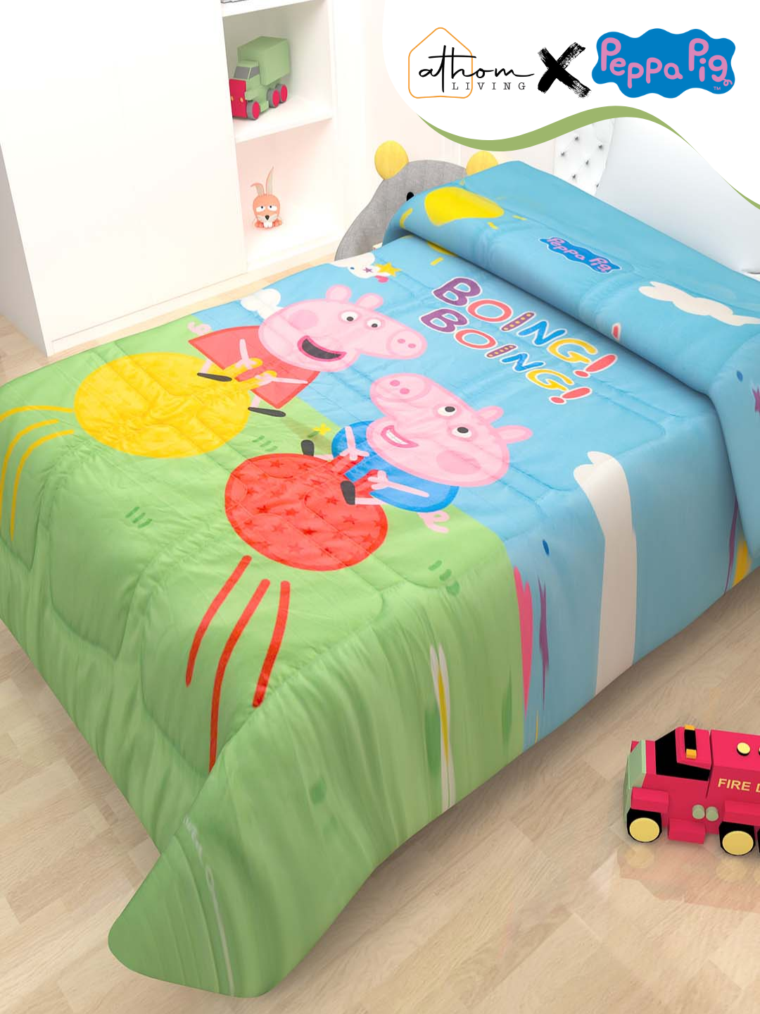 Durable and soft Peppa Pig kids comforter – single, playful "Boing Boing" design, cozy and lightweight for all-season use by Athom Living.