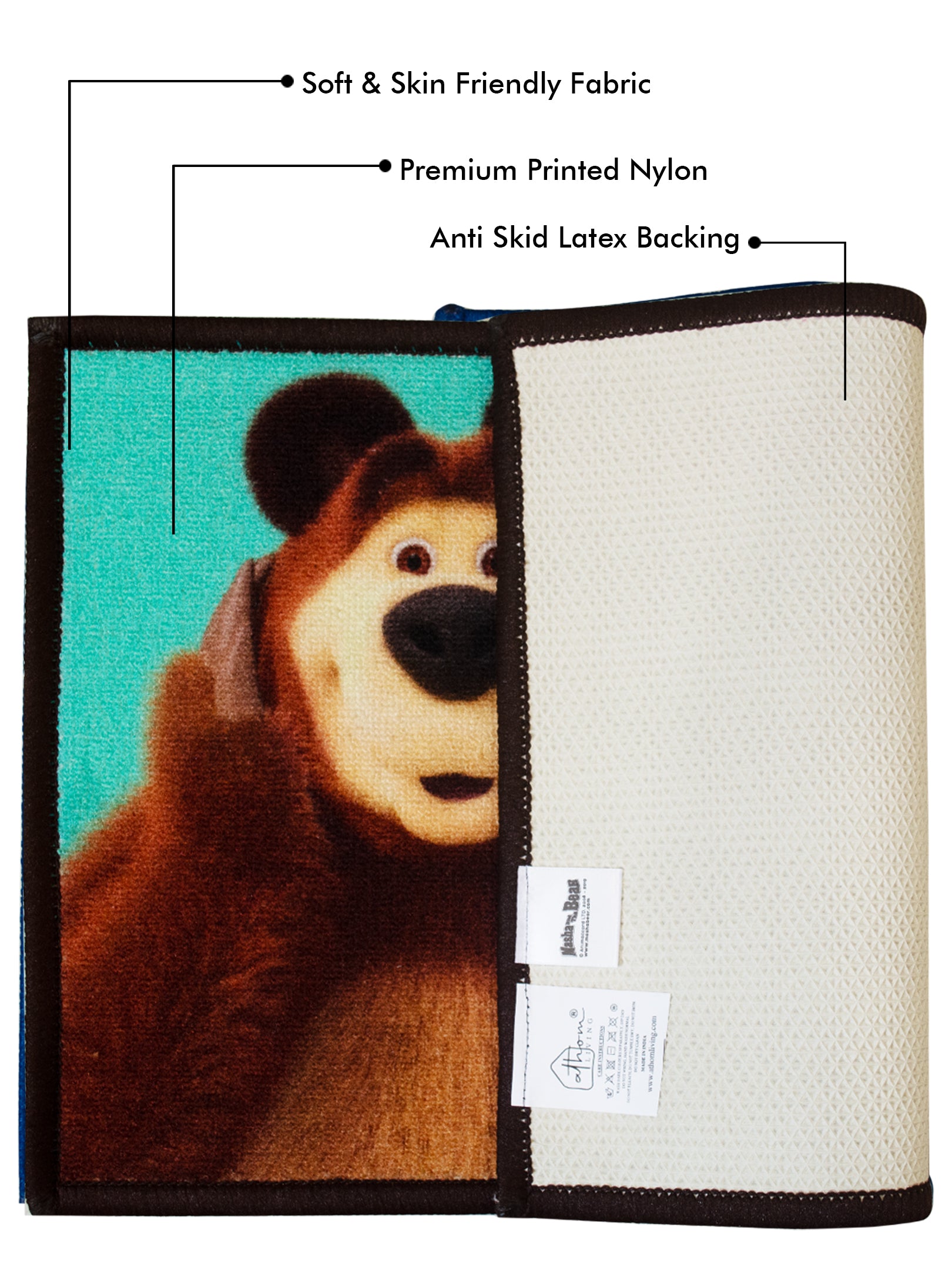 Durable multicolored kids doormat set featuring Masha and The Bear characters, 37x57 cm, latex backing, anti-slip, Athom Living premium quality.
