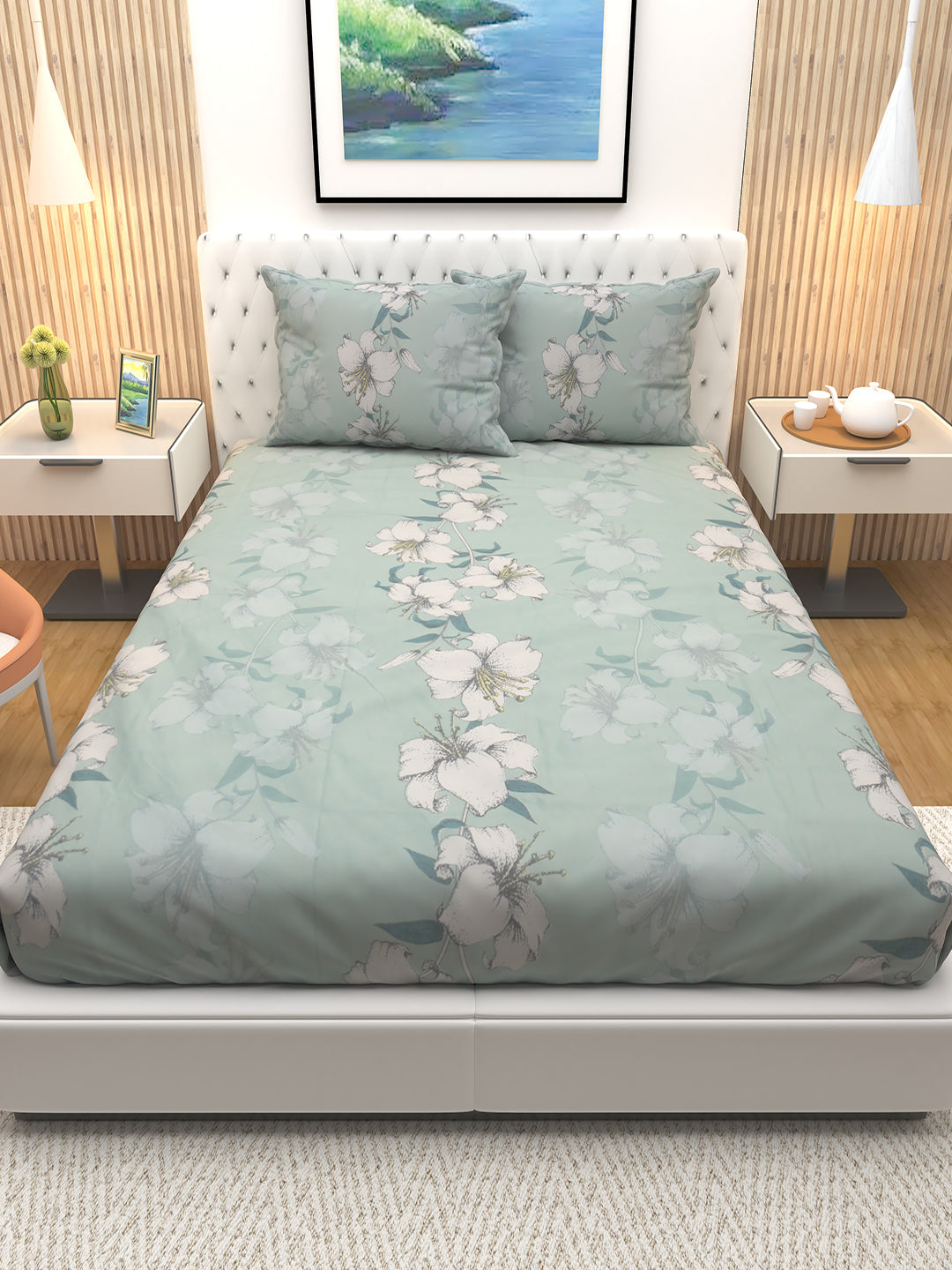 Elegant Glaciers Green double bedsheet with beautiful Viola flower prints, including 2 matching pillows, soft and skin-friendly fabric by Athom Living, perfect for cozy and stylish bedroom décor.