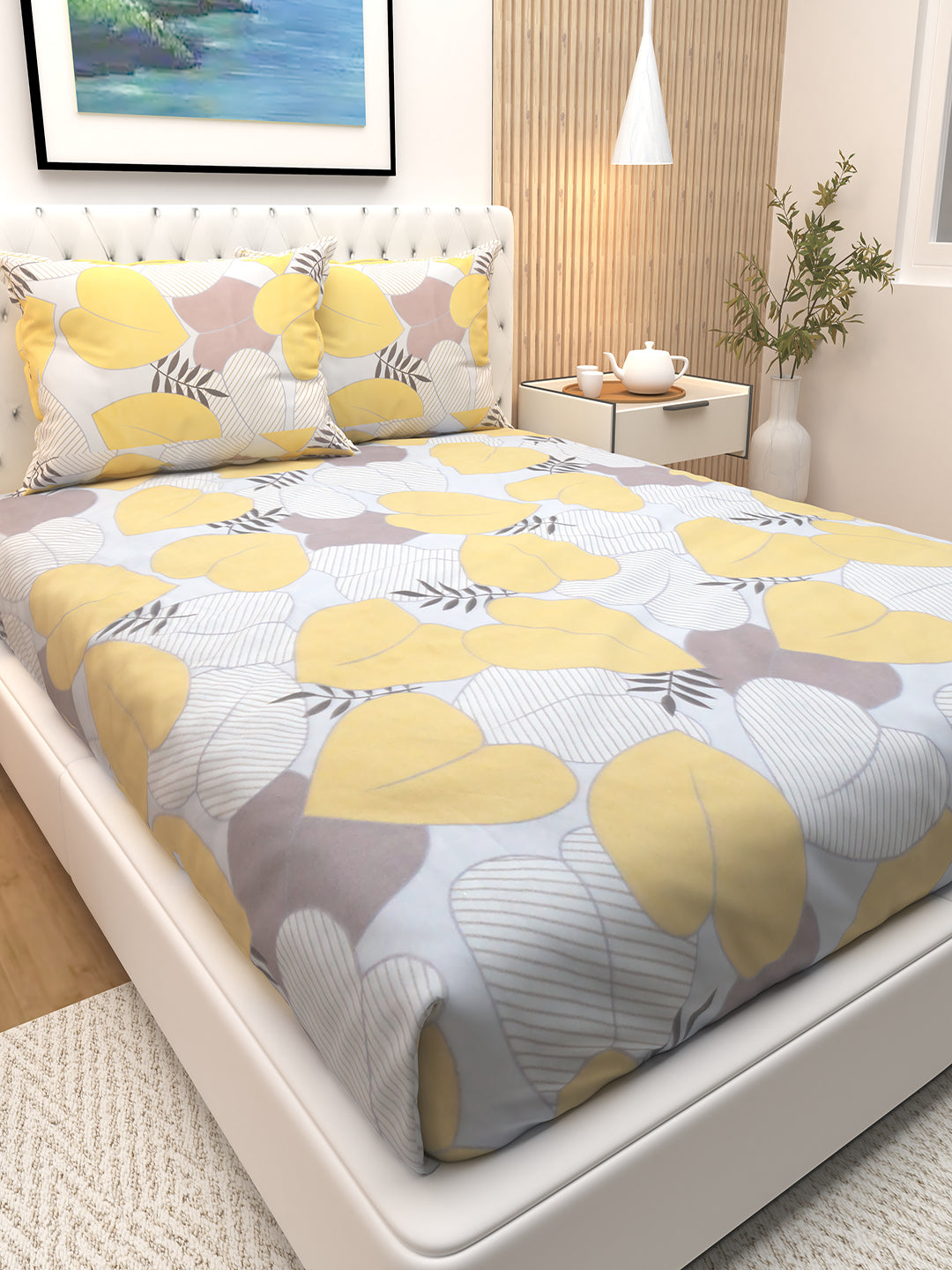 Elegant Lavender Leaf & Cosmos Flower bedsheet by Athom Living designed with premium softness, vibrant floral patterns, and two matching pillows, perfect for enhancing bedroom style and everyday comfort.