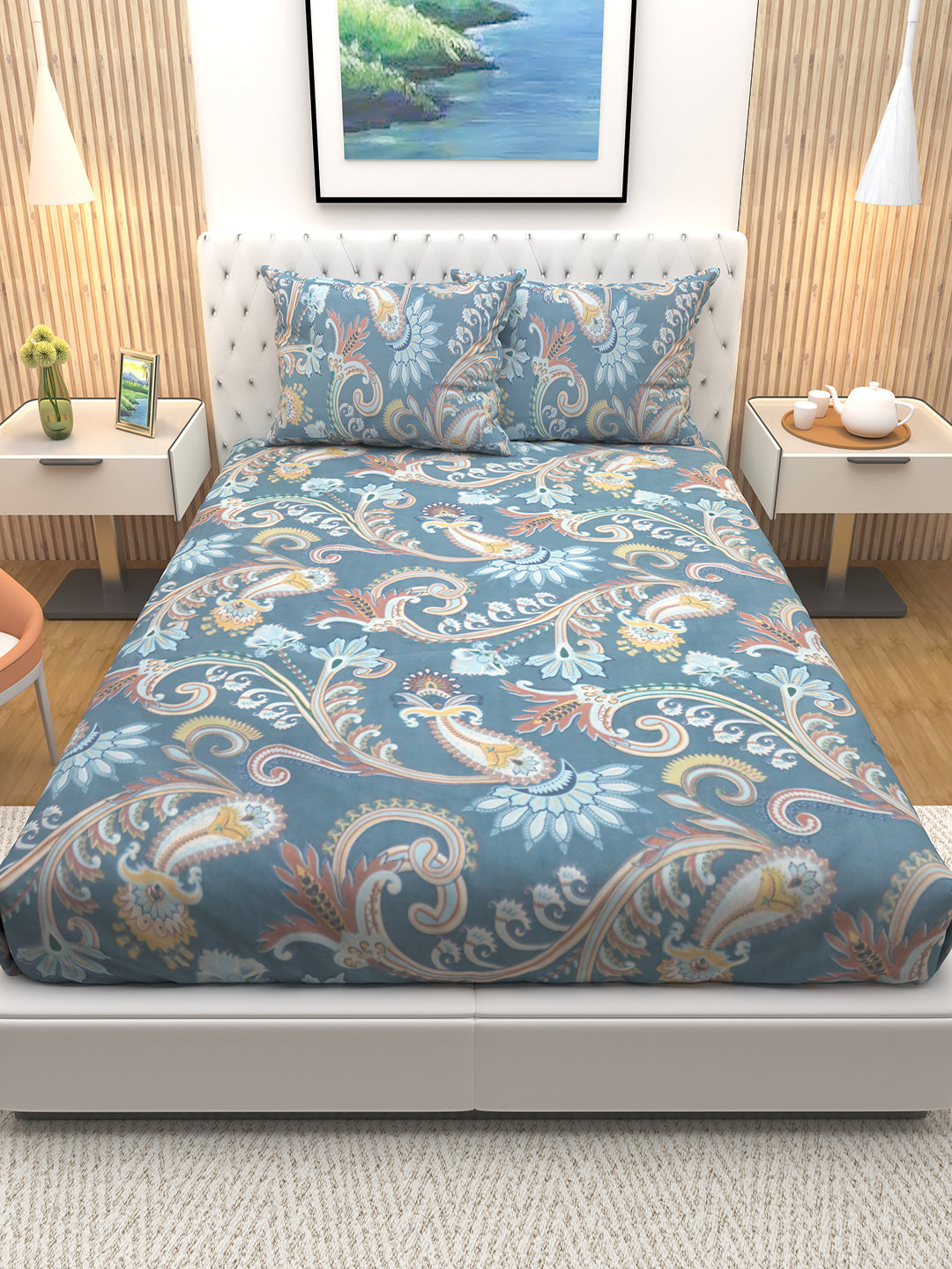 Elegant Peacock Blue Floral Microplants Cotton Double Bedsheet with 2 pillows by Athom Living, soft, breathable, perfect for a cozy and stylish bedroom setup.