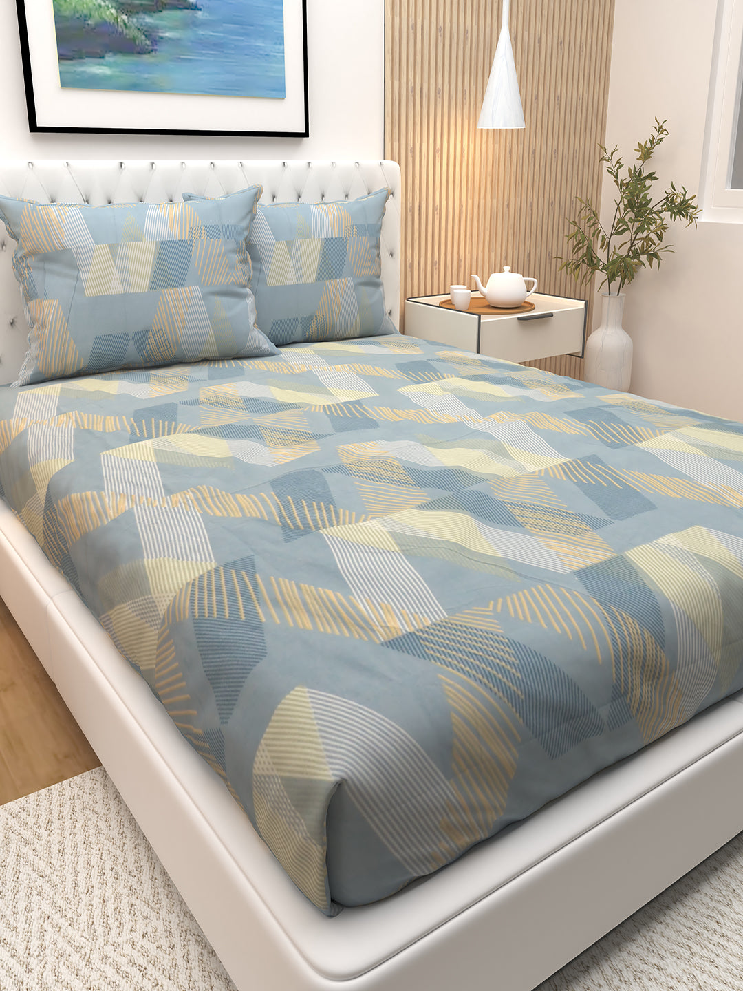 Elegant blue stripes double bedsheet by Athom Living featuring premium cheques pattern with two pillows, offering a soft, comfortable, and stylish bedding option perfect for enhancing any contemporary bedroom look.