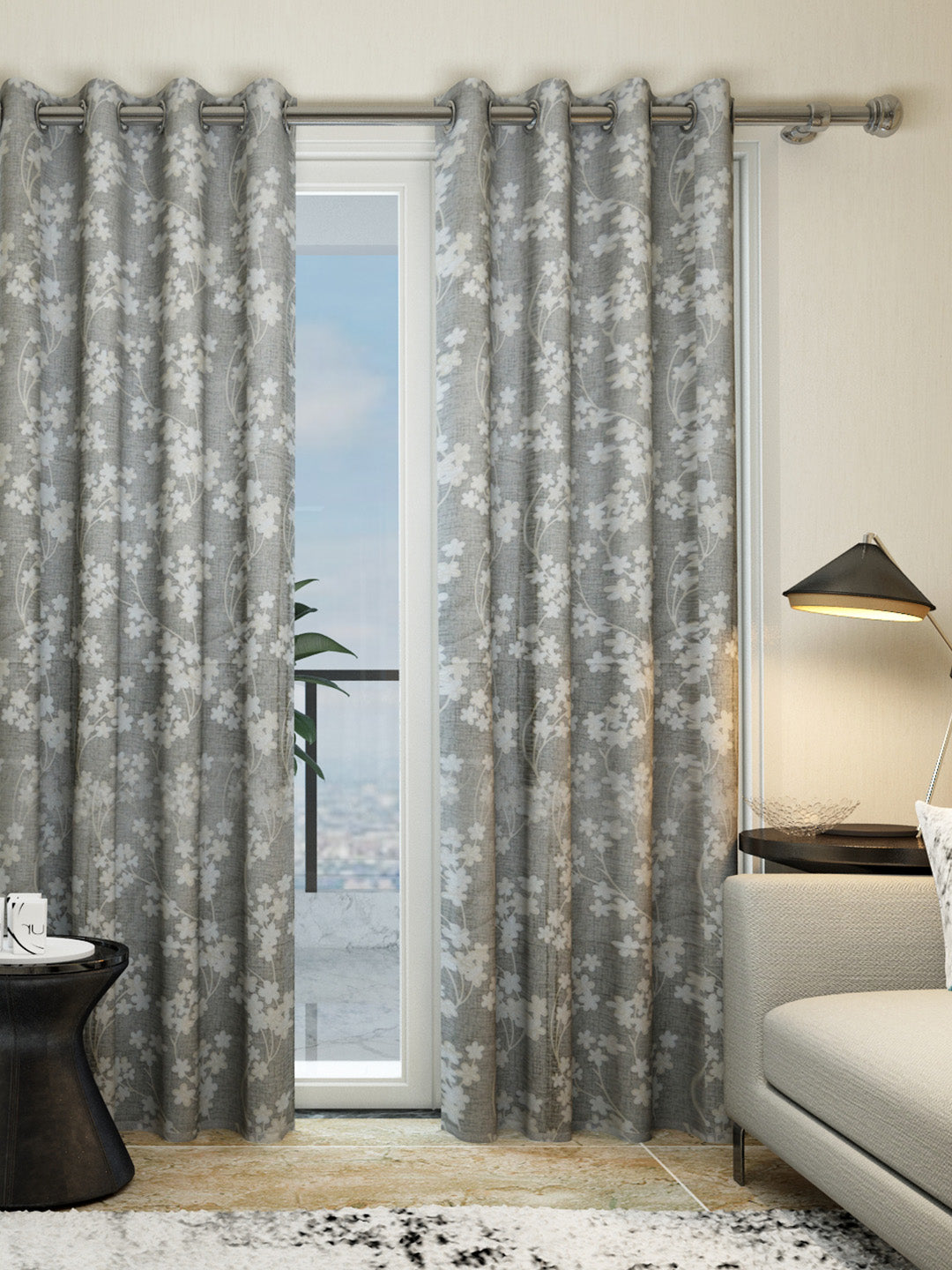Elegant grey door drapes with little flower pattern, set of 2 by Athom Living, perfect for privacy, home décor and adding a vibrant touch to living spaces.