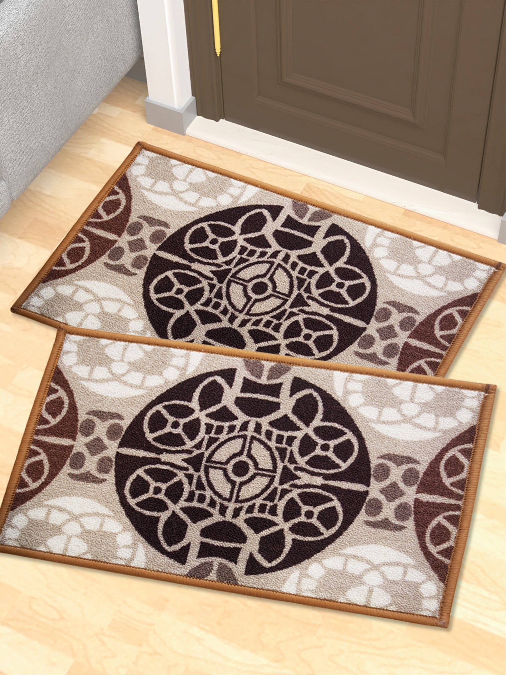 English Beige Premium Anti Slip Printed Door Mat Pack of 2 by Athom Living, perfect doormat or bathmat for home entryways, durable, easy to clean, 37x57cm, stylish and safe for daily use.