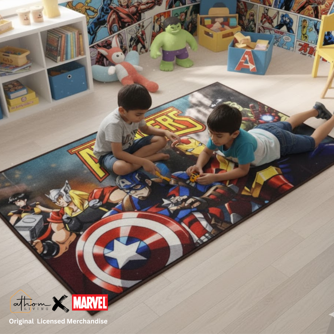 Exciting Avengers design on a kids carpet, showcasing favorite superheroes in bold colors. Durable and soft 90x150cm carpet from Athom Living adds fun to any room.