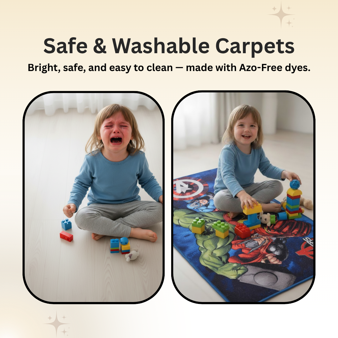 Exciting Marvel Avengers carpet for children, showcasing heroes in action poses, soft and cozy underfoot, ideal for playrooms and bedrooms, 90x150cm by Athom Living.