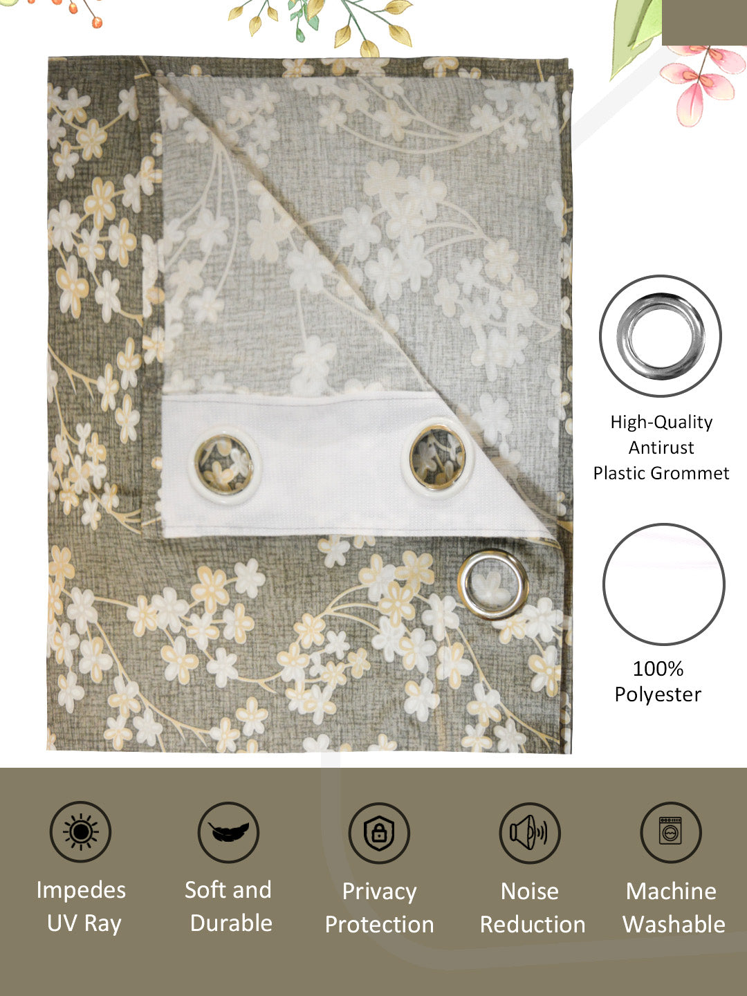 Floral beige drapes from Athom Living Dream Collection, window covering set with little flowers pattern for elegant style, privacy and home beauty.