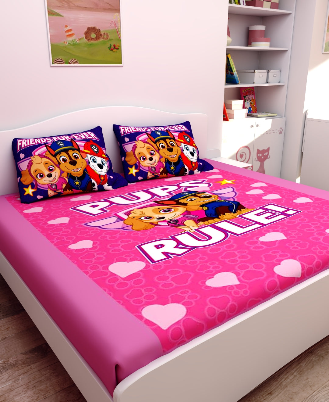 Friends Forever Paw Patrol cotton kids double bedsheet with 2 pillow cover by Athom Living featuring vibrant cartoon characters, soft fabric and a playful design perfect for brightening children’s bedroom décor.

